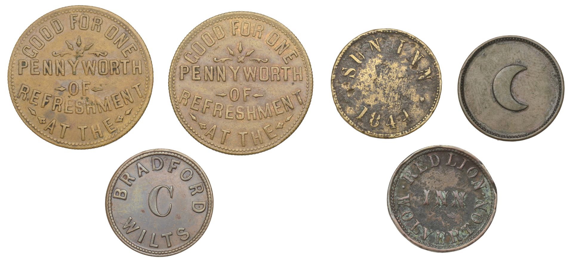 Miscellaneous Tokens and Checks, BUCKINGHAMSHIRE, Wolverton, Red Lion Inn, brass Threehalfpe...