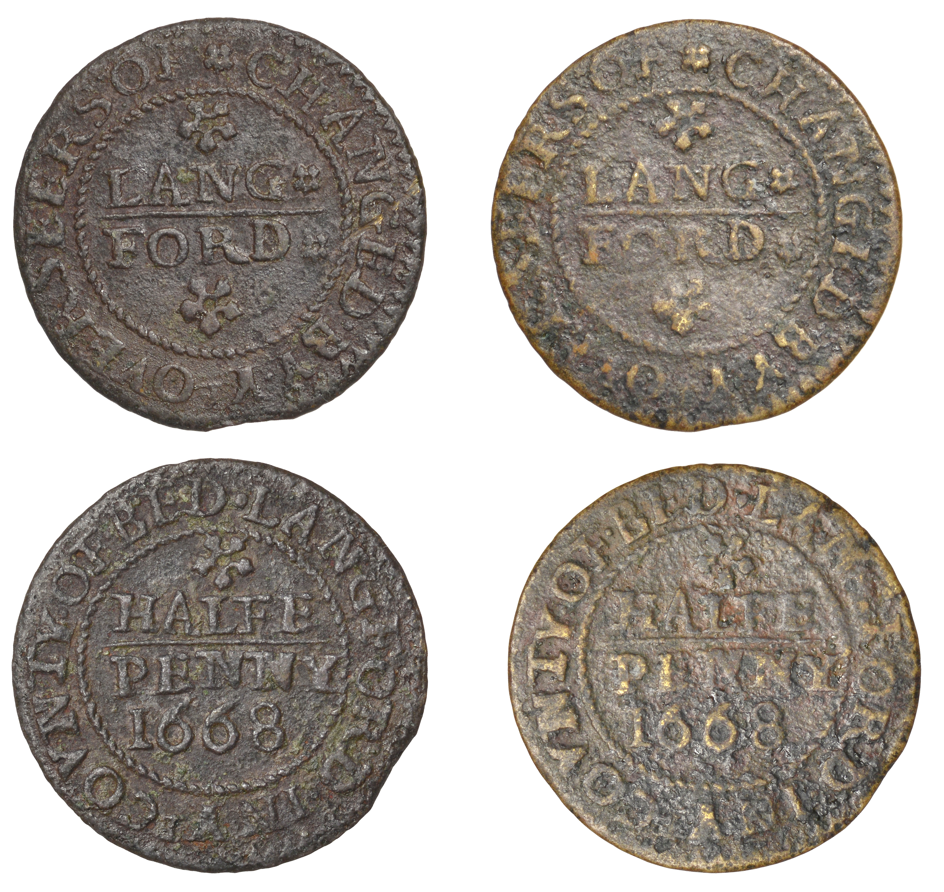 Langford, Overseers, Halfpence, 1668 (2), 2.30g/3h, 1.75g/3h (both GO 60; N 35; BW. 60) [2]....