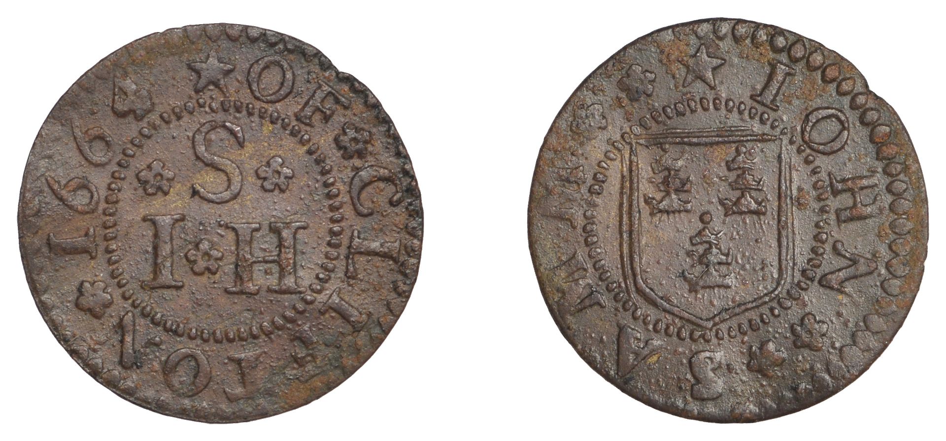 Clifton, John Samm, Farthing, 1664, 0.65g/9h (GO 28; N 22; NW. 28). Very fine; the only issu...