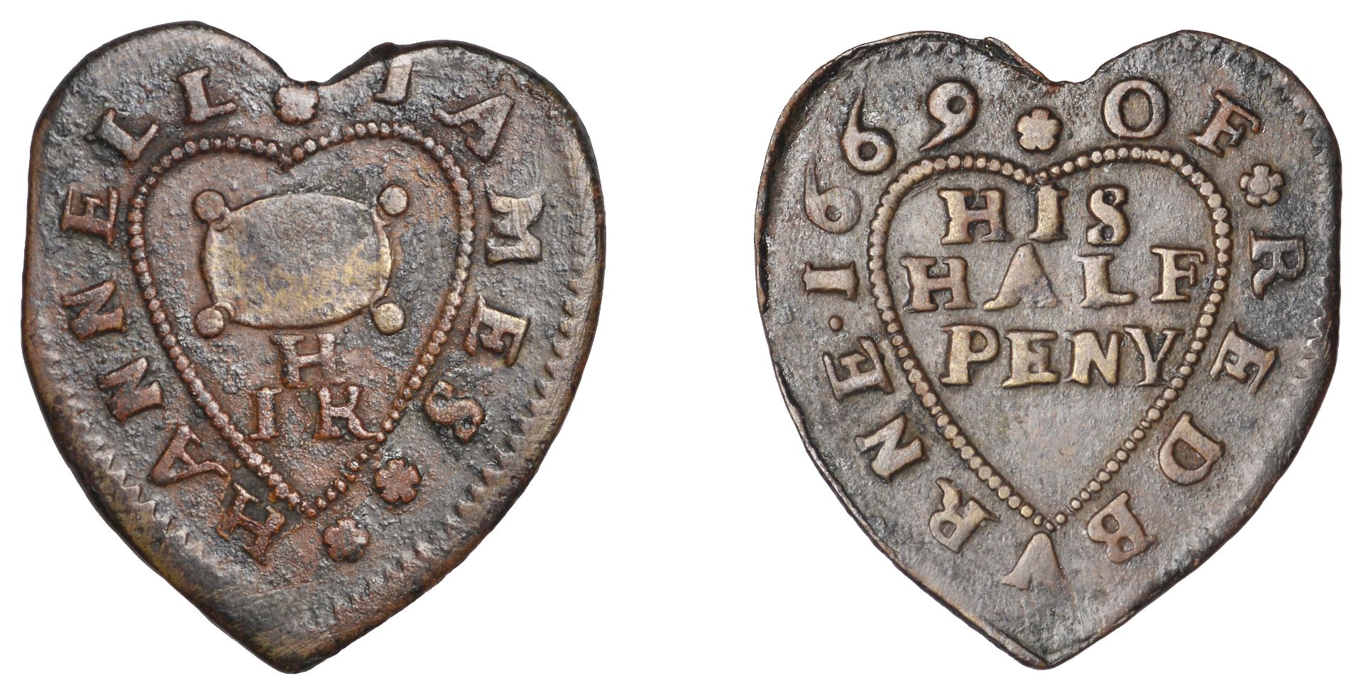 Redbourn, James Hannell, heart-shaped Halfpenny, 1669, 1.61g/12h (N 2238a, this piece; BW. 1...