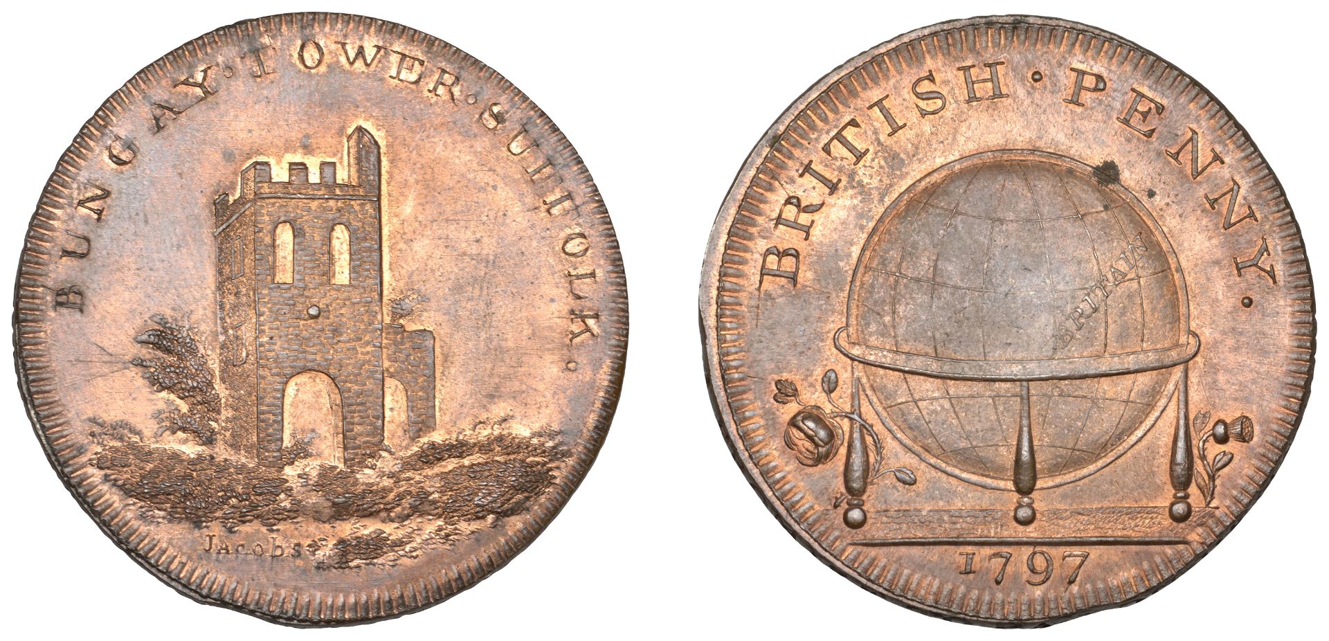 18th Century Tokens, SUFFOLK, Bungay, Skidmore's Globe series, Penny, 1797, remains of Bunga...