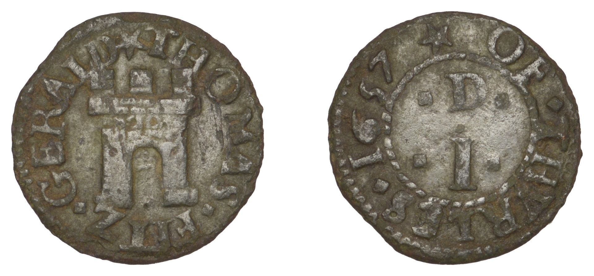 17th Century Tokens, Co TIPPERARY, Thurles, Thomas Fitz Gerald, Penny, 1657, 1.02g/6h (N 634...