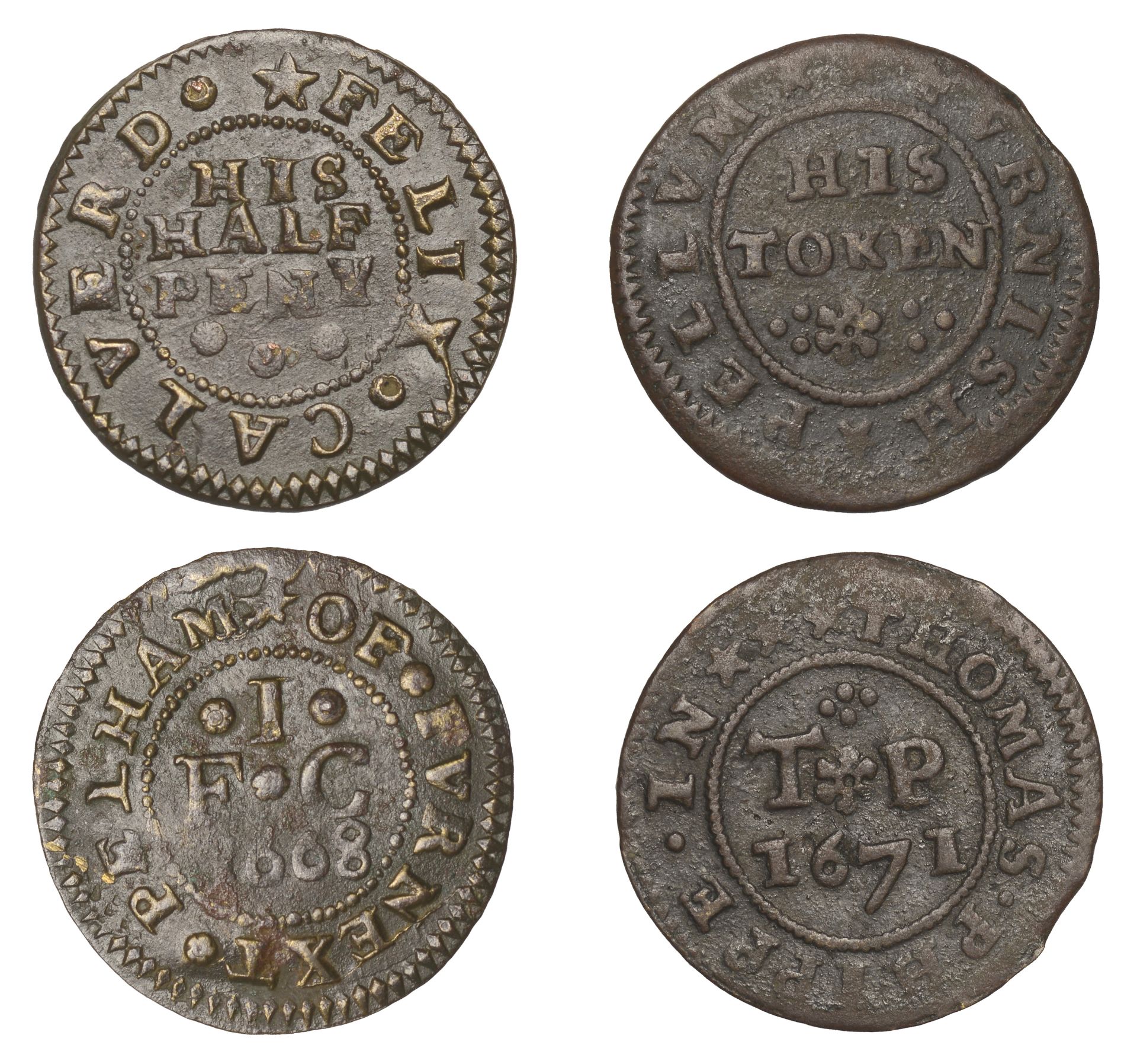 Furneux Pelham, Felix Calverd, Halfpenny, 1668, 2.25g/12h (N 2176; BW. 83); Thomas Phippe, H...