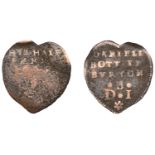 17th Century Tokens, STAFFORDSHIRE, Burton-on-Trent, Daniel Bott, heart-shaped Halfpenny, 16...