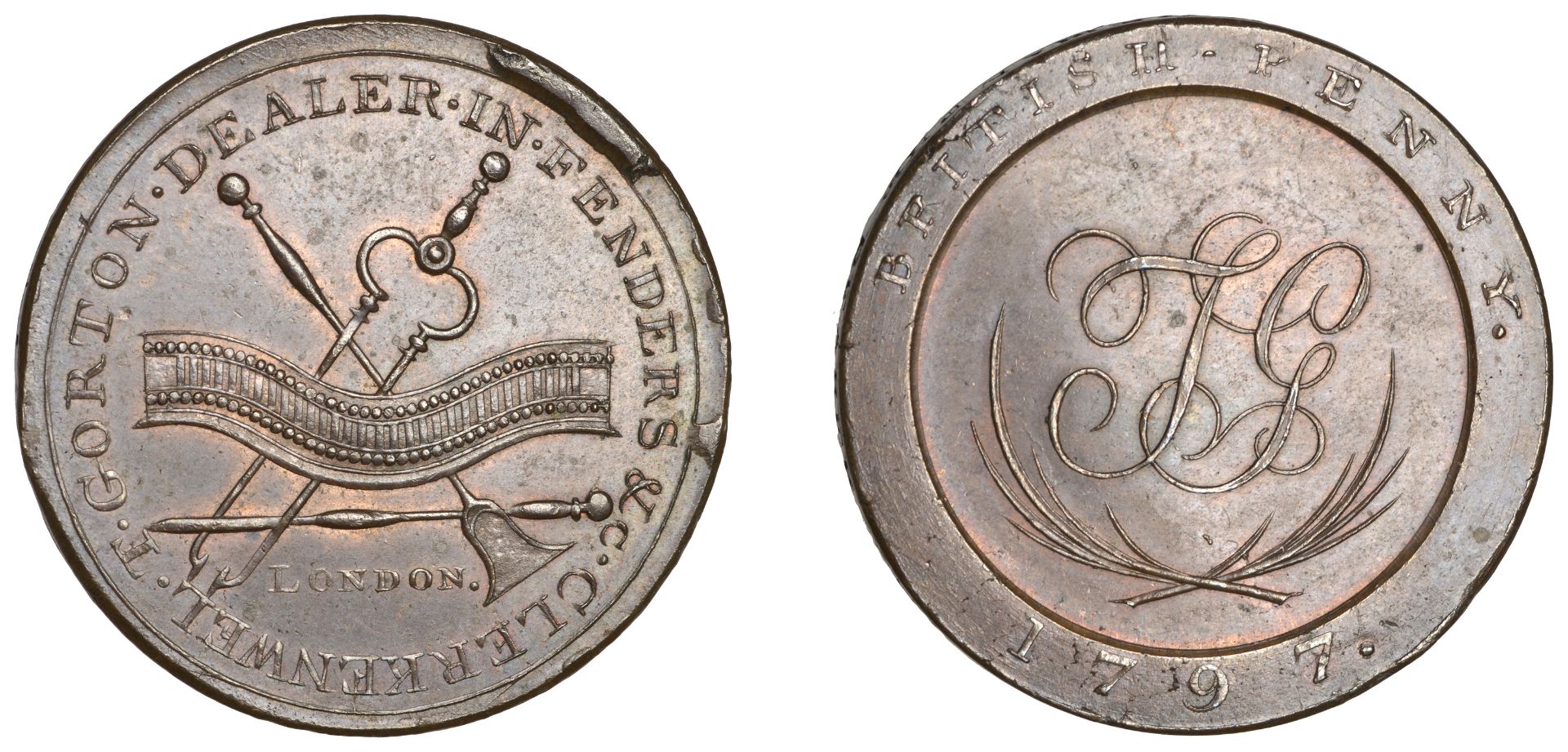 18th Century Tokens, LONDON, Clerkenwell, Thomas Gorton, Skidmore's Penny, 1797, fender and...