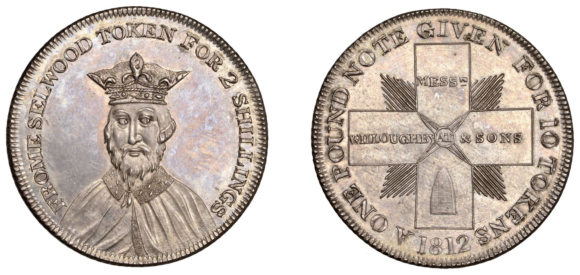 19th Century Tokens, SOMERSET, Frome, Willoughby & Sons, 2 Shillings, 1812, facing bust of A...