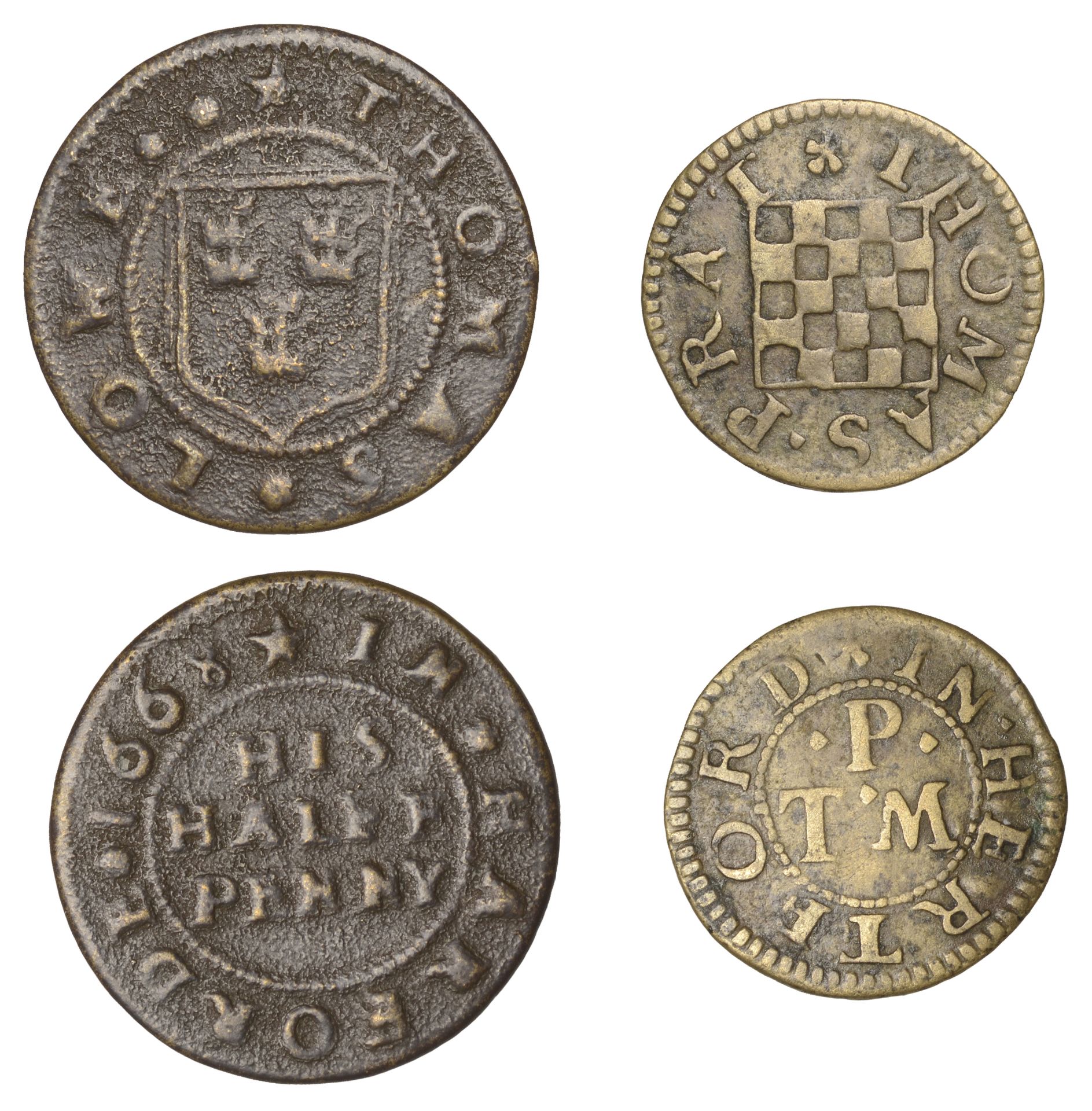 Hertford, Thomas Lowe, Halfpenny, 1668, 1.96g/12h (N 2204; BW. 105); Thomas Prat, Farthing,...