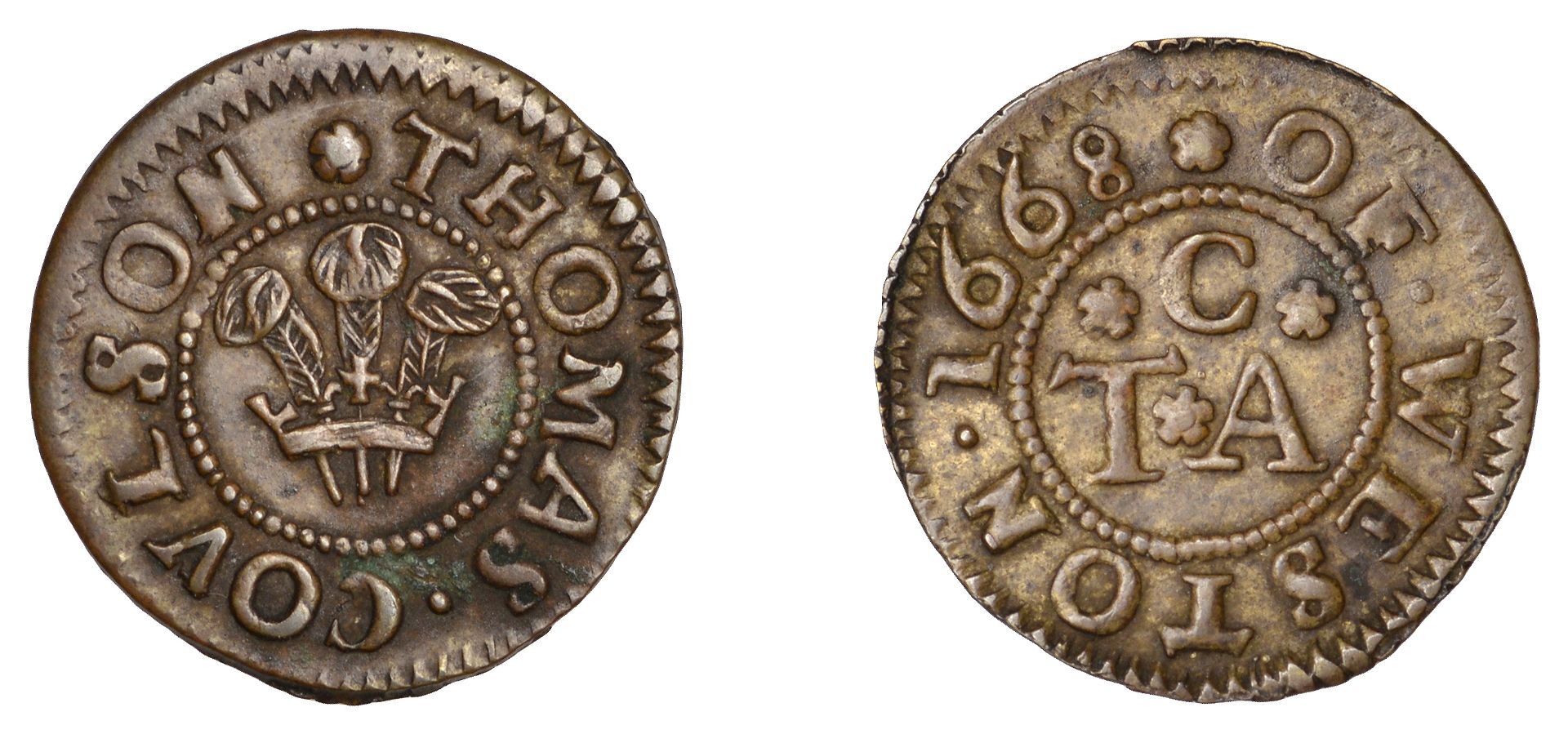 Weston, Thomas Coulson, Farthing, 1668, 0.81g/12h (N 2312/1; D 224C). Very fine and very rar...