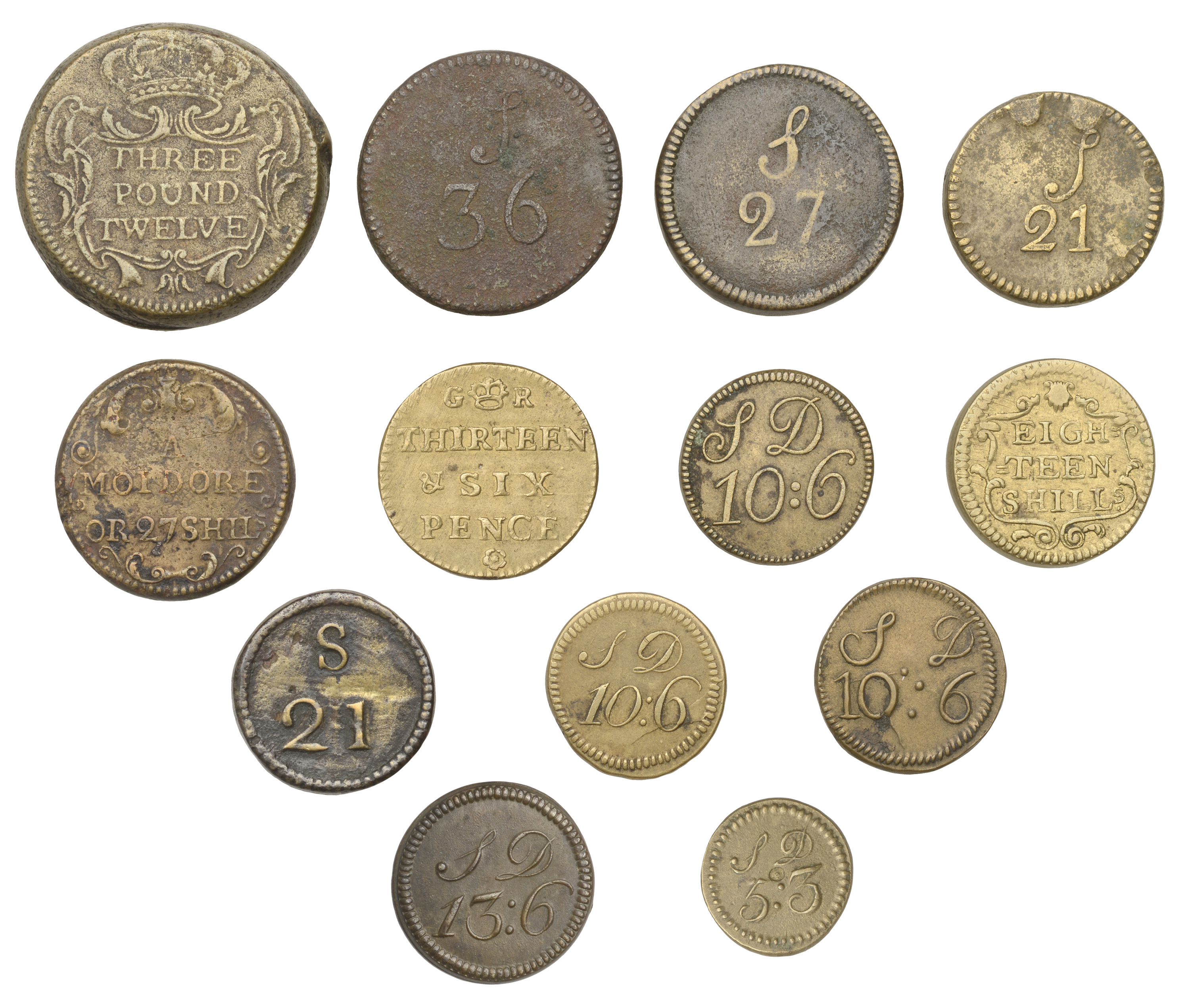 Coin weights: Portuguese series, Three Pounds Twelve Shillings (W 1614), Moidore or 27 Shill...