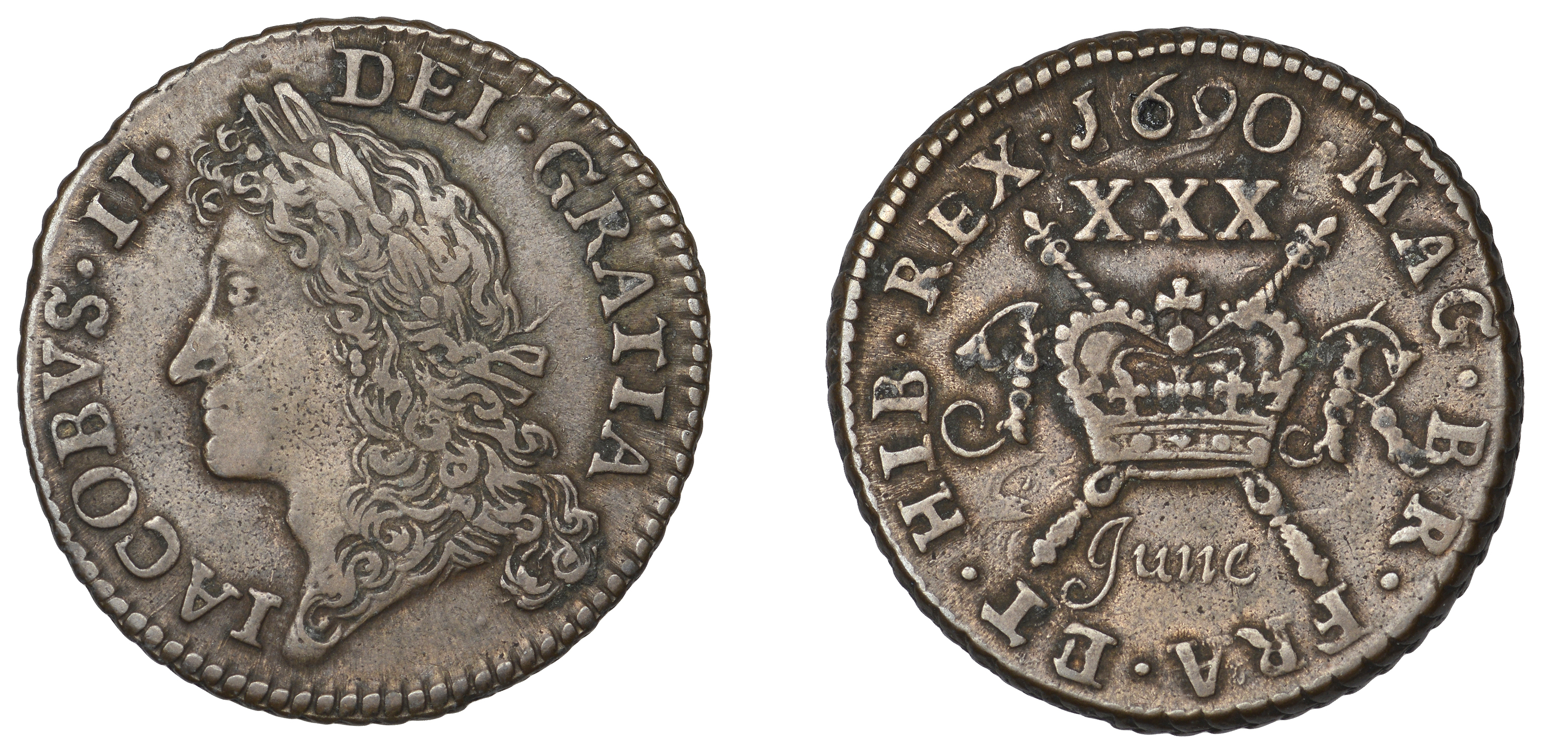 James II (1685-1691), Gunmoney coinage, Halfcrown, 1690 June, Limerick, 9.77g/12h (Withers M...