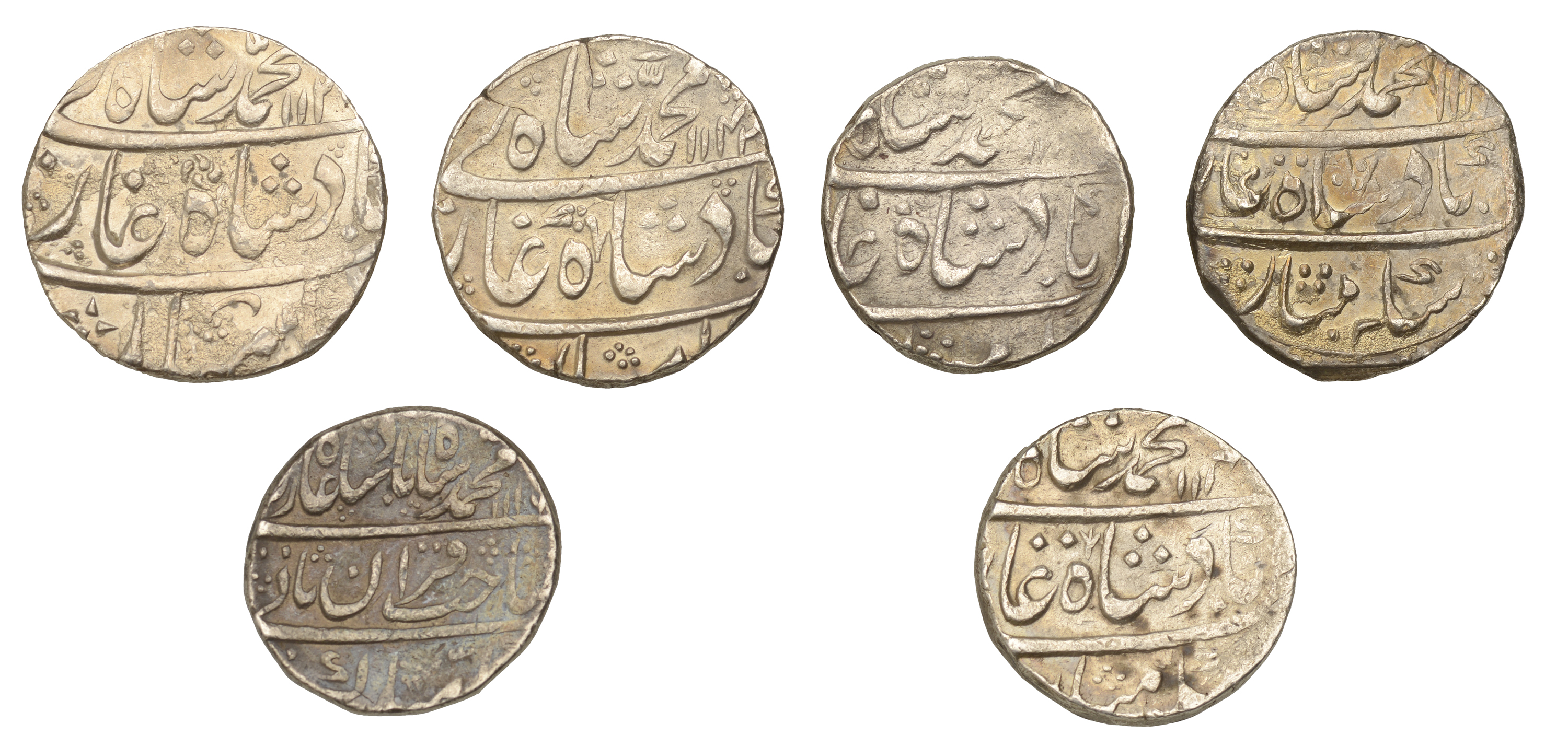 India, MUGHAL, Muhammad Shah, Rupees (6), Gwalior 113xh/1, Itawa 113xh/8, 114xh/13, Kora 11x...