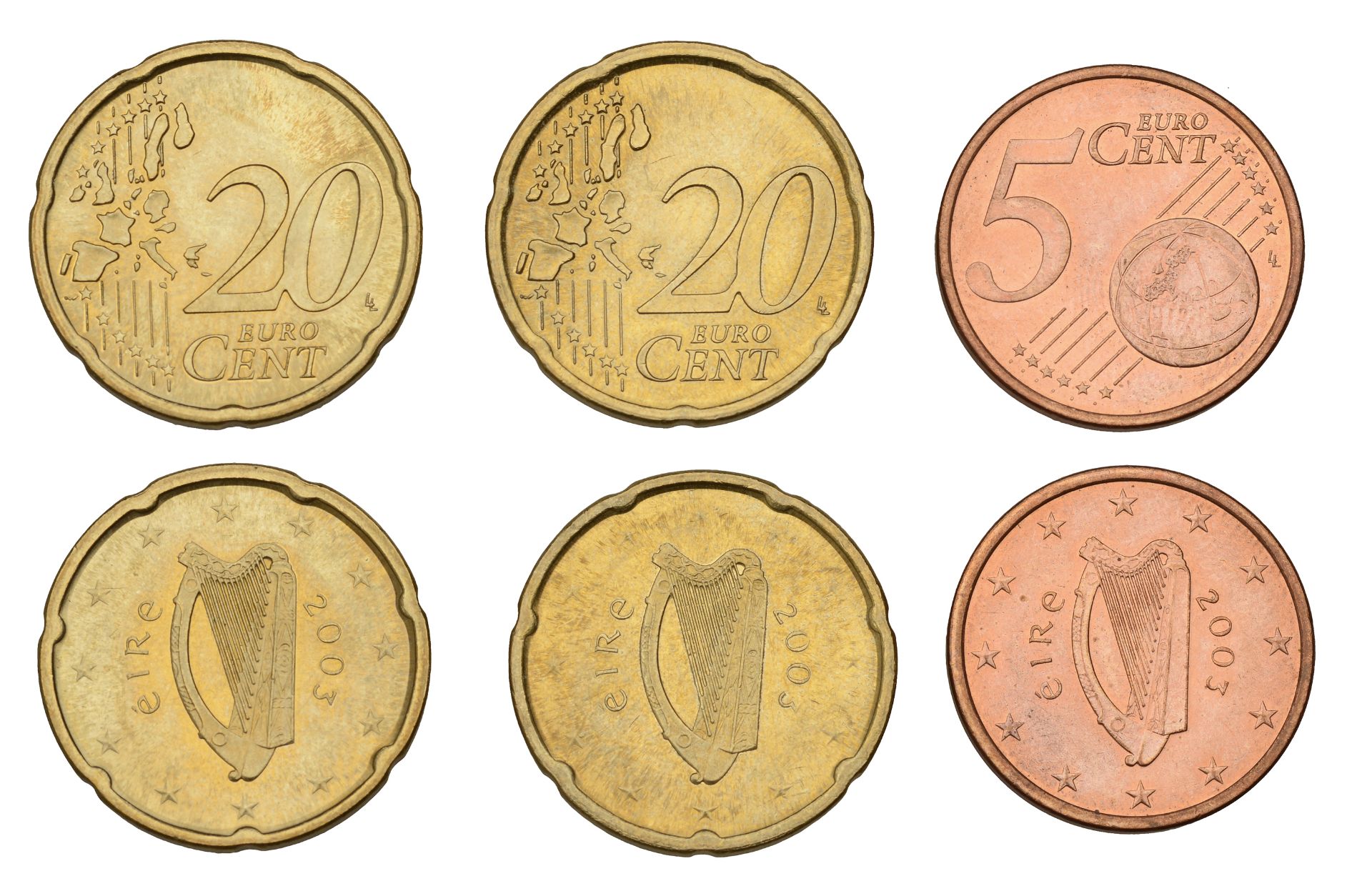 Eire (1937- ), 20 Cents (2), 5 Cents, all 2003, all prooflike specimens (S p.221) [3]. Br...