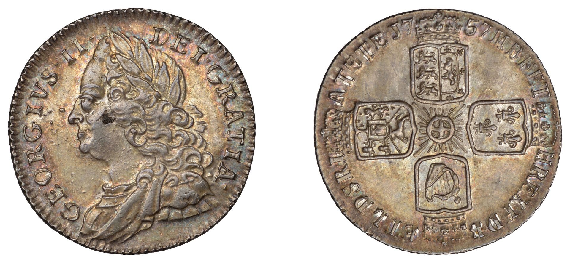 George II (1727-1760), Sixpence, 1757 (ESC 1762; S 3711). Small flaw on cheek, about extreme...