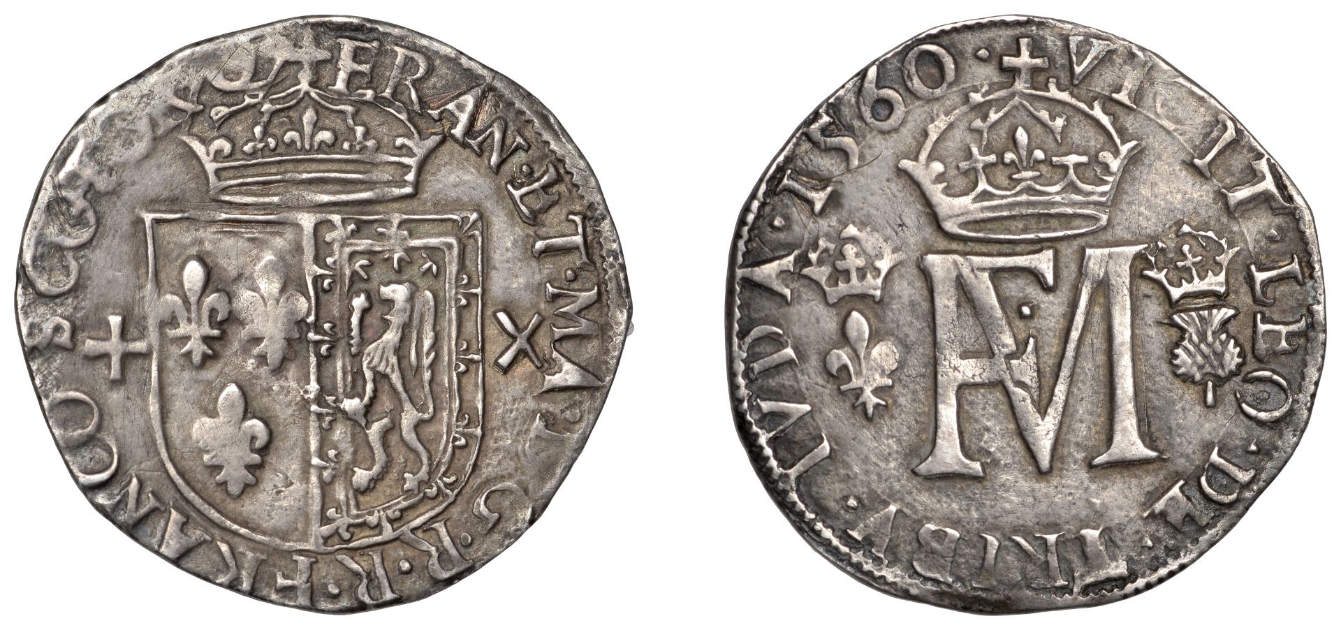 Mary (1542-1567), Second period (with Francis), Testoon, 1560, type II, 5.73g/7h (SCBI 58, 1...