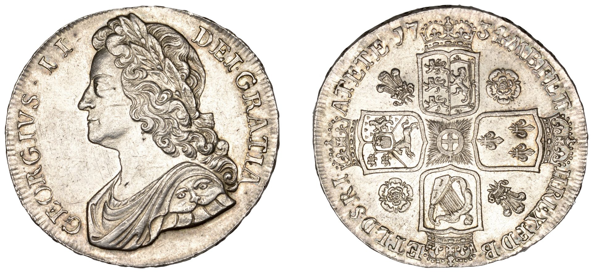 George II (1727-1760), Crown, 1734, roses and plumes, edge septimo (ESC 1662; S 3686). Extre...