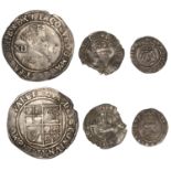 James I, Second coinage, Shilling, mm. lis, third bust, 6.03g/9h (S 2654); Halfgroat, mm. ro...