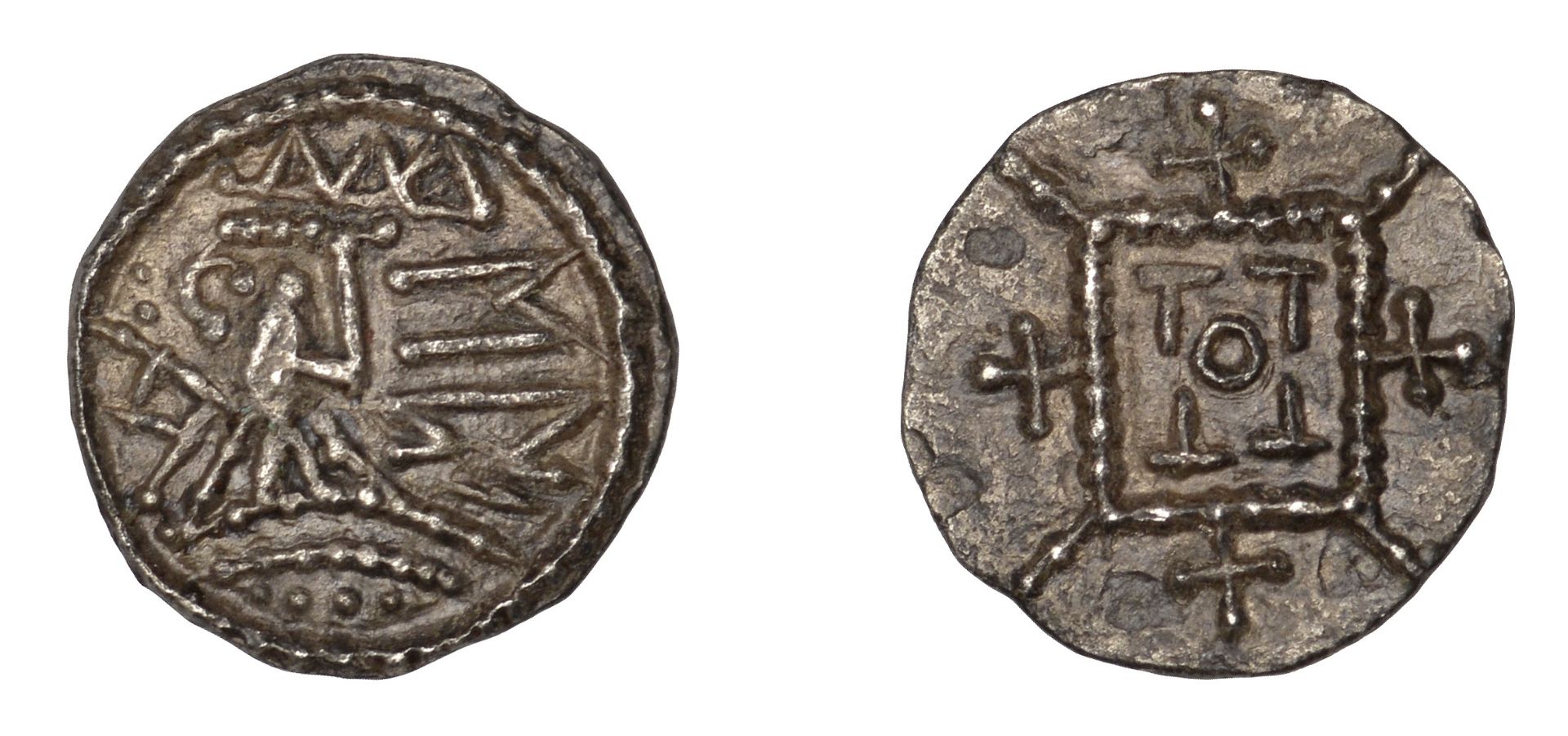 Early Anglo-Saxon Period, Sceatta, Secondary series R5, crowned and draped bust right, large...
