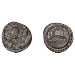 Early Anglo-Saxon Period, Sceatta, Secondary series X, Danish type B1, 'Wodan' head facing,...