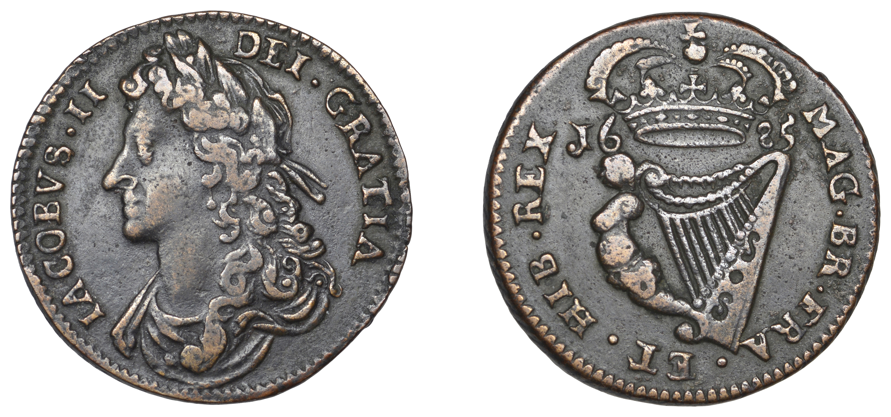 James II (1685-1691), Halfpenny, 1685, die-axis 6h (S 6576). Good fine, scarce Â£90-Â£120