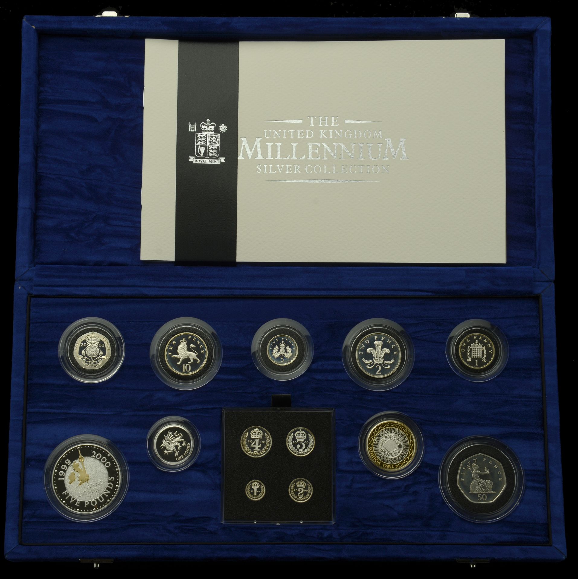 Elizabeth II (1952-2022), Millennium silver Proof set, 2000, Five Pounds to One Penny and Ma...