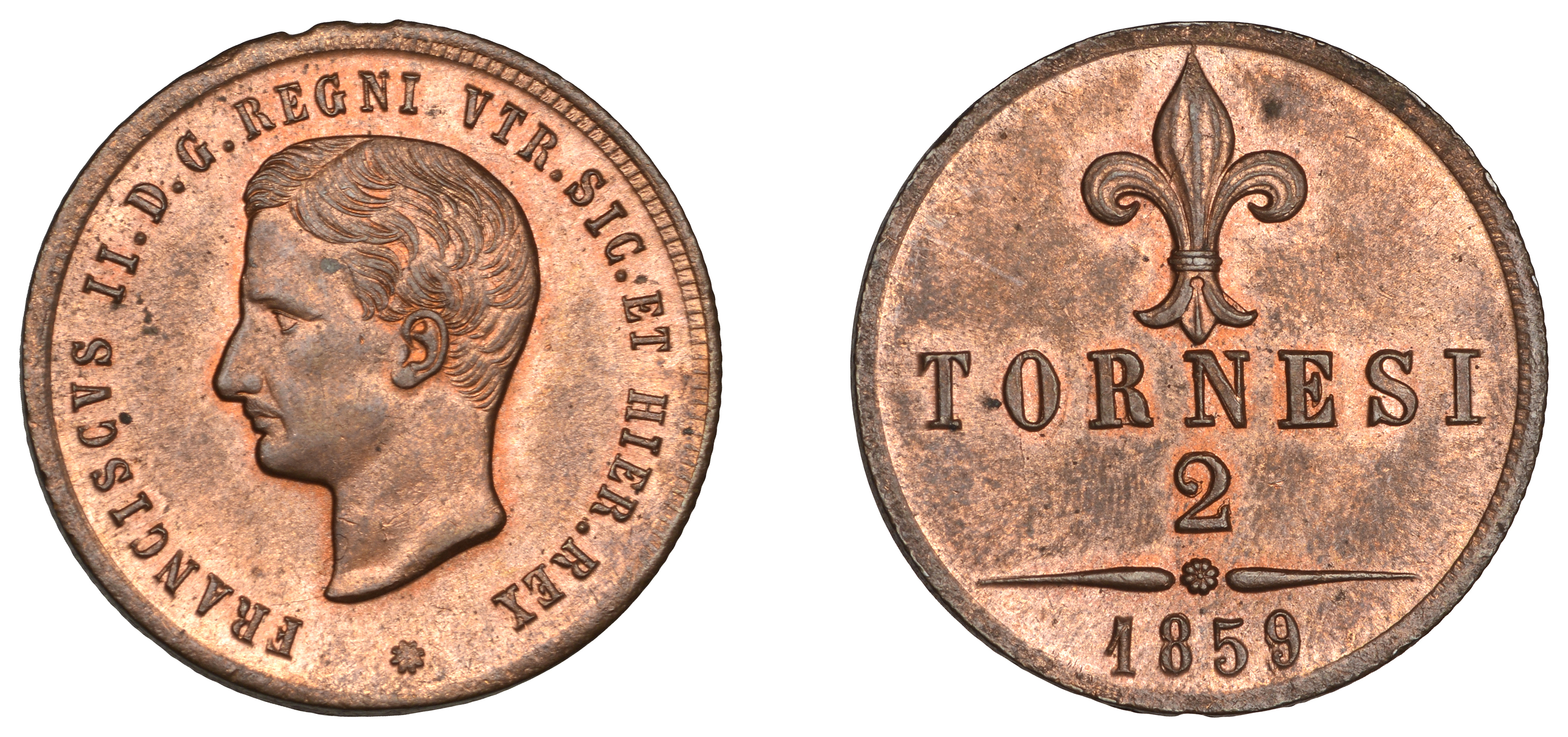 Italy, NAPLES and SICILY, Francesco II, 2 Tornesi, 1859 (KM 375). About as struck with full...