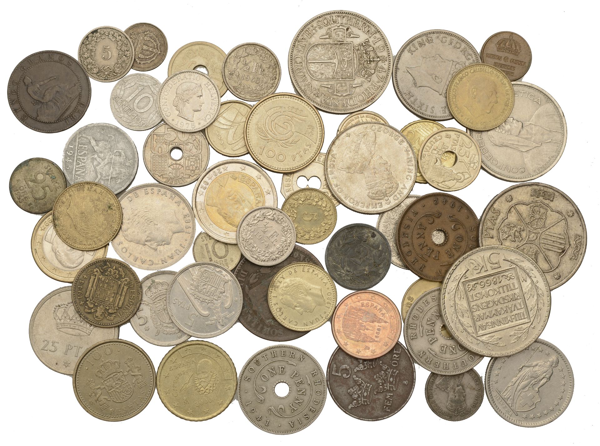 Miscellaneous, Assorted coins and tokens of Southern Rhodesia (5), Spain (25), Straits Settl...