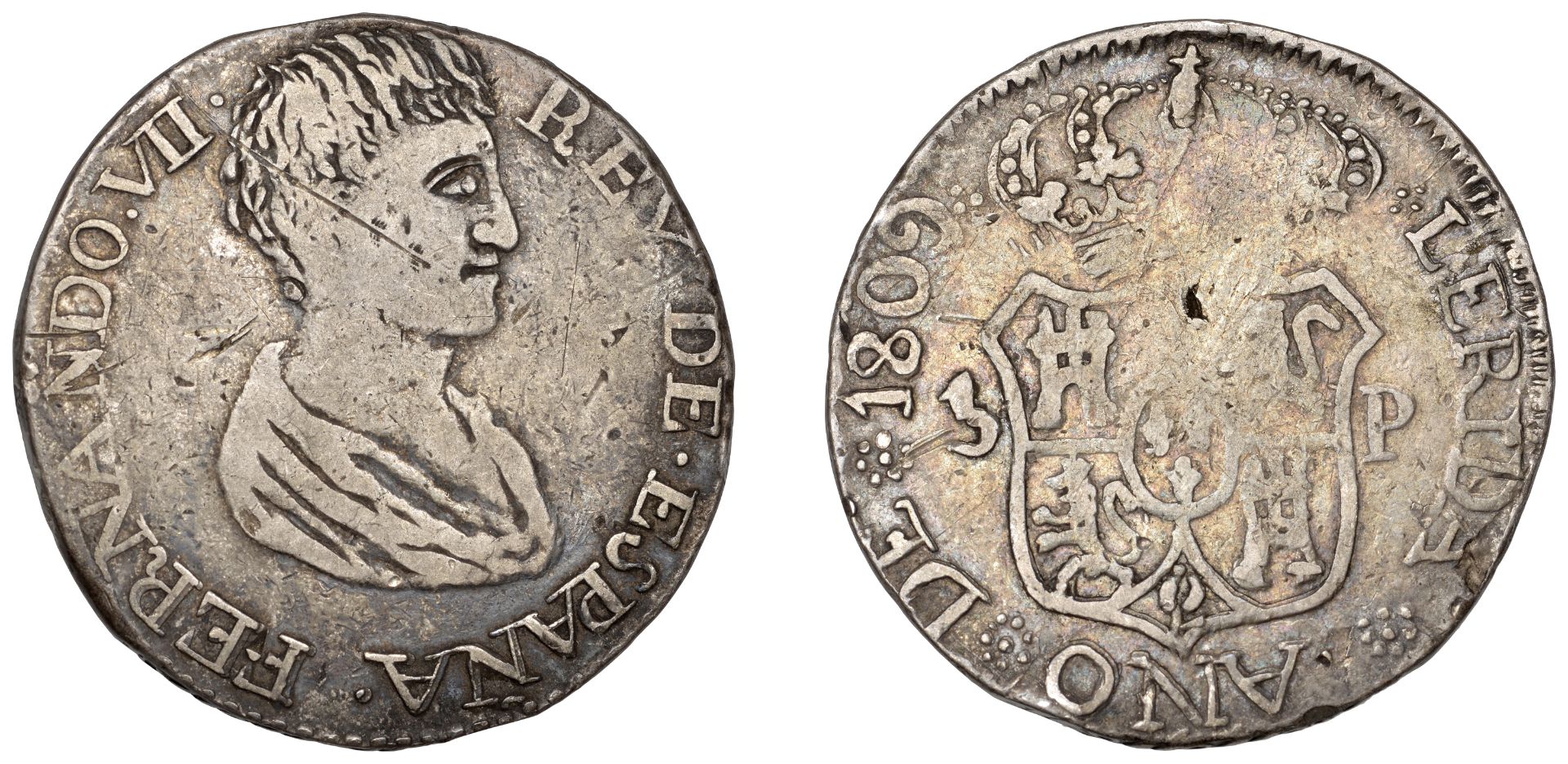 Spain, Ferdinand VII, 5 Pesetas, 1809, LÃ©rida, 26.37g/12h (CCT 345; CayÃ³n 15801). Possible t...