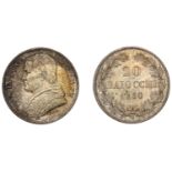 Italy â€“ Papal States, Pius IX, 20 Baiocchi, 1860r, yr XV (Berman 3313; KM 1360). Toned, abou...