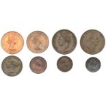 George III, Farthing, 1799 (S 3779); George IV, Penny, 1826 (S 3823); William IV, Penny, 183...