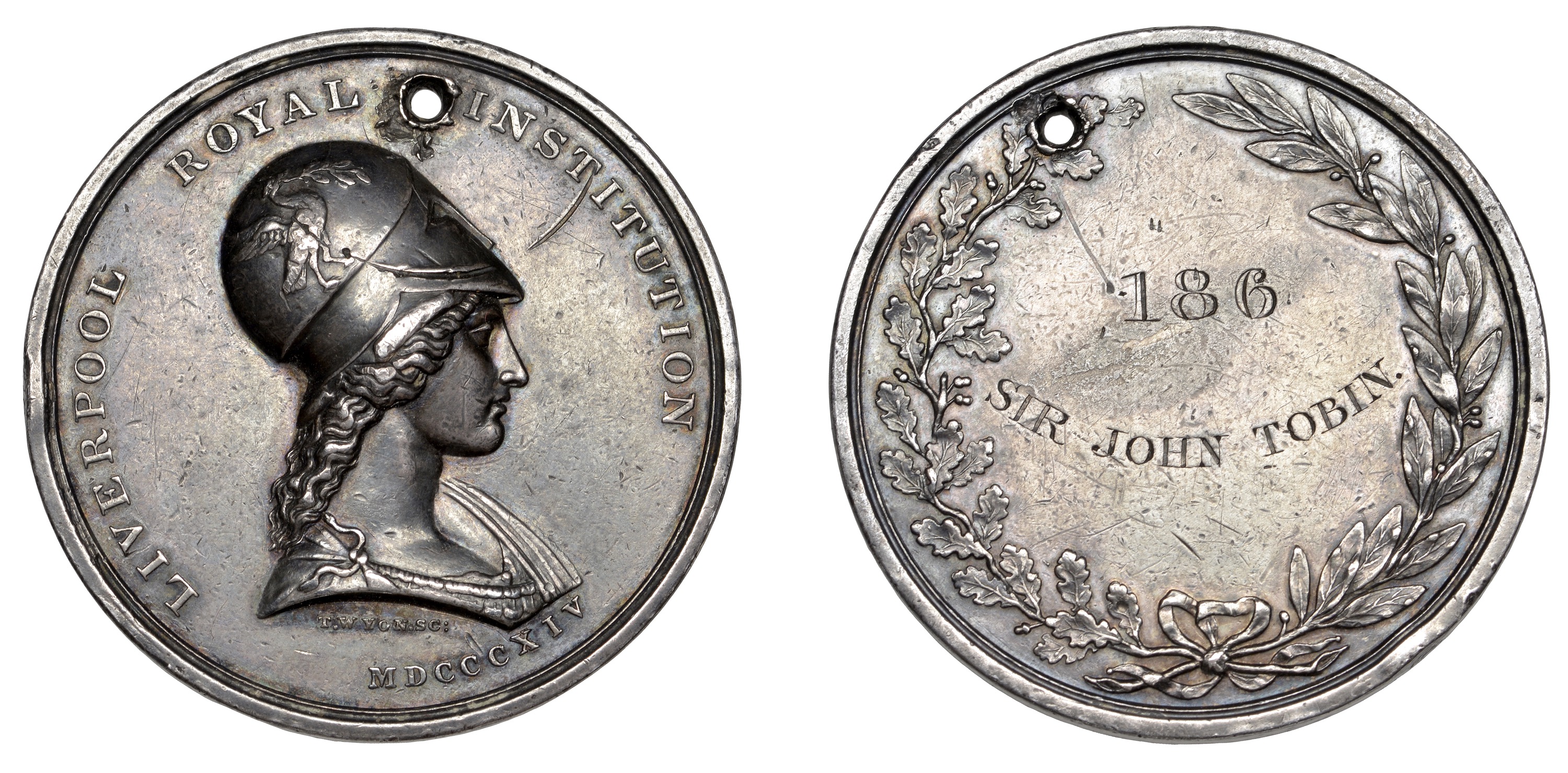 Liverpool Royal Institution (Est. 1814), a silver member's medal by T. Wyon, helmeted bust o...