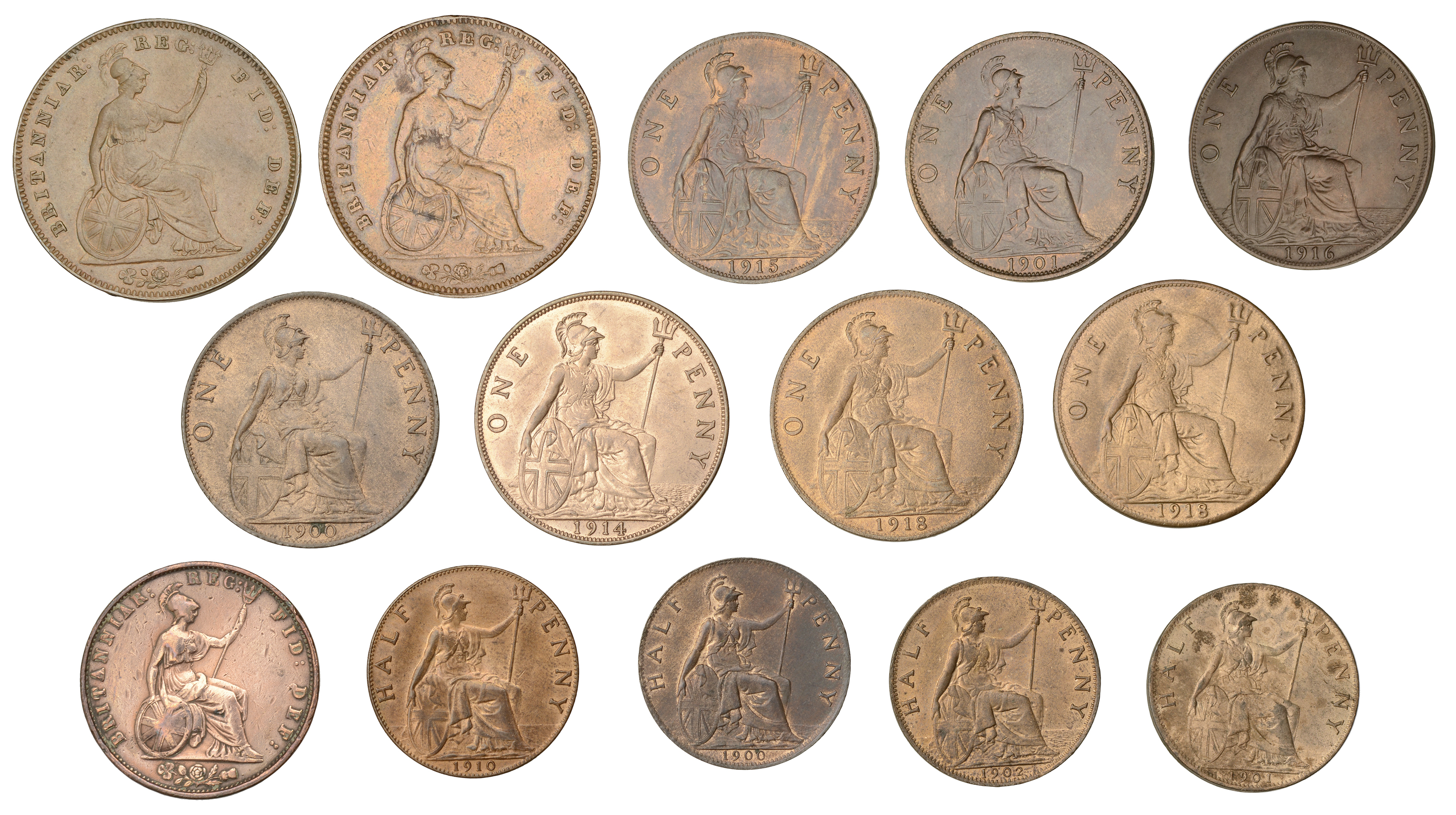 Victoria, Pennies (4), 1854, 1855, 1900, 1901 (S 3948, 3961); Halfpennies (3), 1853, 1900, 1... - Image 2 of 2