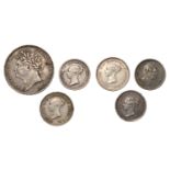 George IV, Sixpence, 1821 (S 3813); William IV, Threehalfpence, 1835 (S 3838); Victoria, Two...