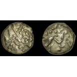 British Iron-Age, Gallo-Belgic, Stater, series C [Ambiani], degraded head of Apollo right, r...