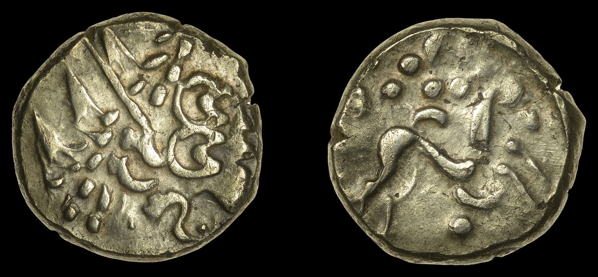 British Iron-Age, Gallo-Belgic, Stater, series C [Ambiani], degraded head of Apollo right, r...