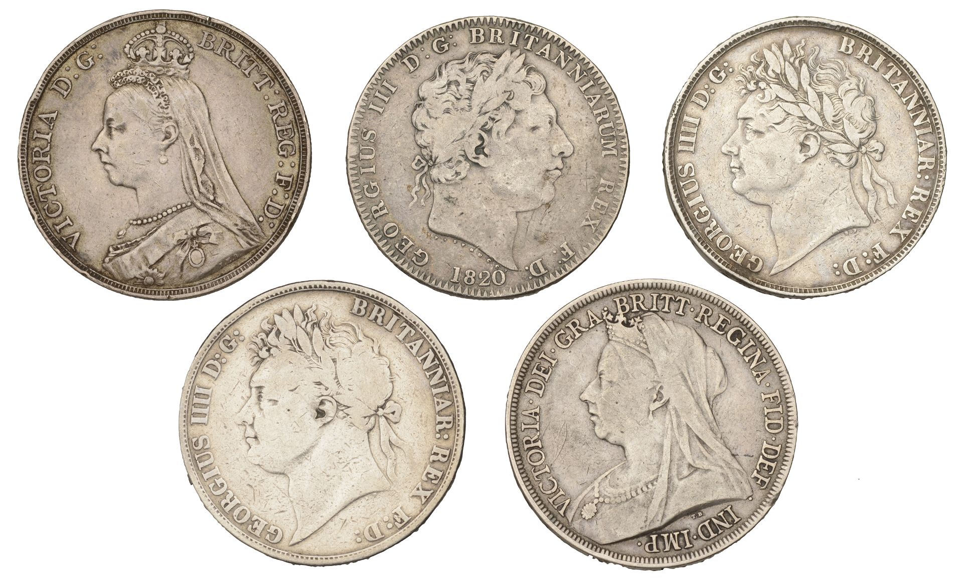 George III, Crown, 1820 (S 3787); George IV, Crowns (2), 1821, 1822 (S 3805); Victoria, Crow...