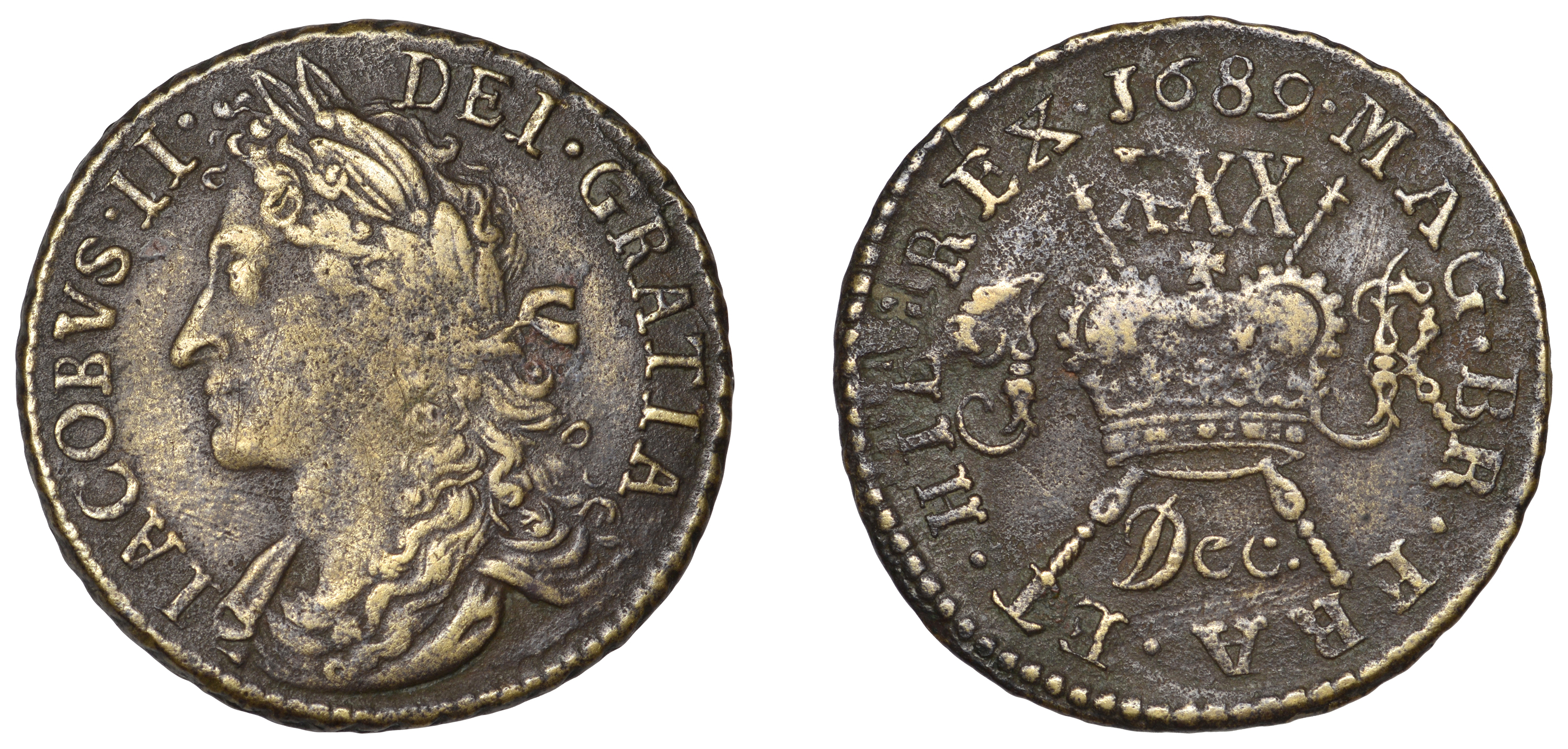 James II (1685-1691), Gunmoney coinage, Halfcrown, 1689 DecÂ·, 13.37g/12h (Withers 2/2, this...