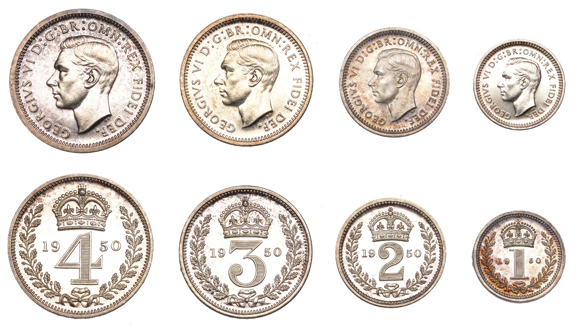 George VI (1936-1952), Maundy set, 1950 (ESC 4319; S 4096) [4]. About as struck, lightly ton...