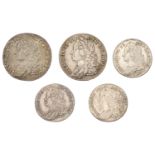 George II, Shillings (2), 1747, roses, 1758 (S 3702, 3704); Sixpences (3), 1746 lima, 1757,...