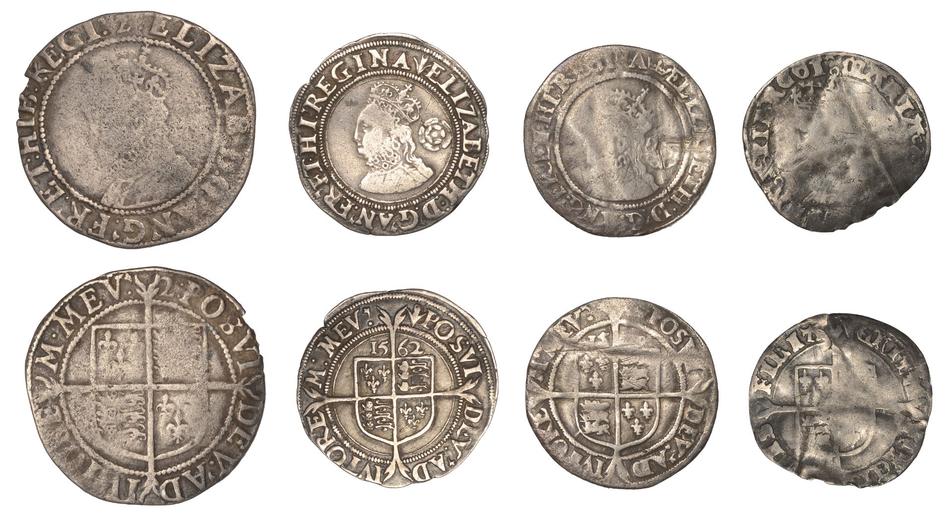 Mary, Groat, mm. pomegranate, 1.49g/12h (S 2492); Elizabeth I, Third issue, Sixpence, 1562,...