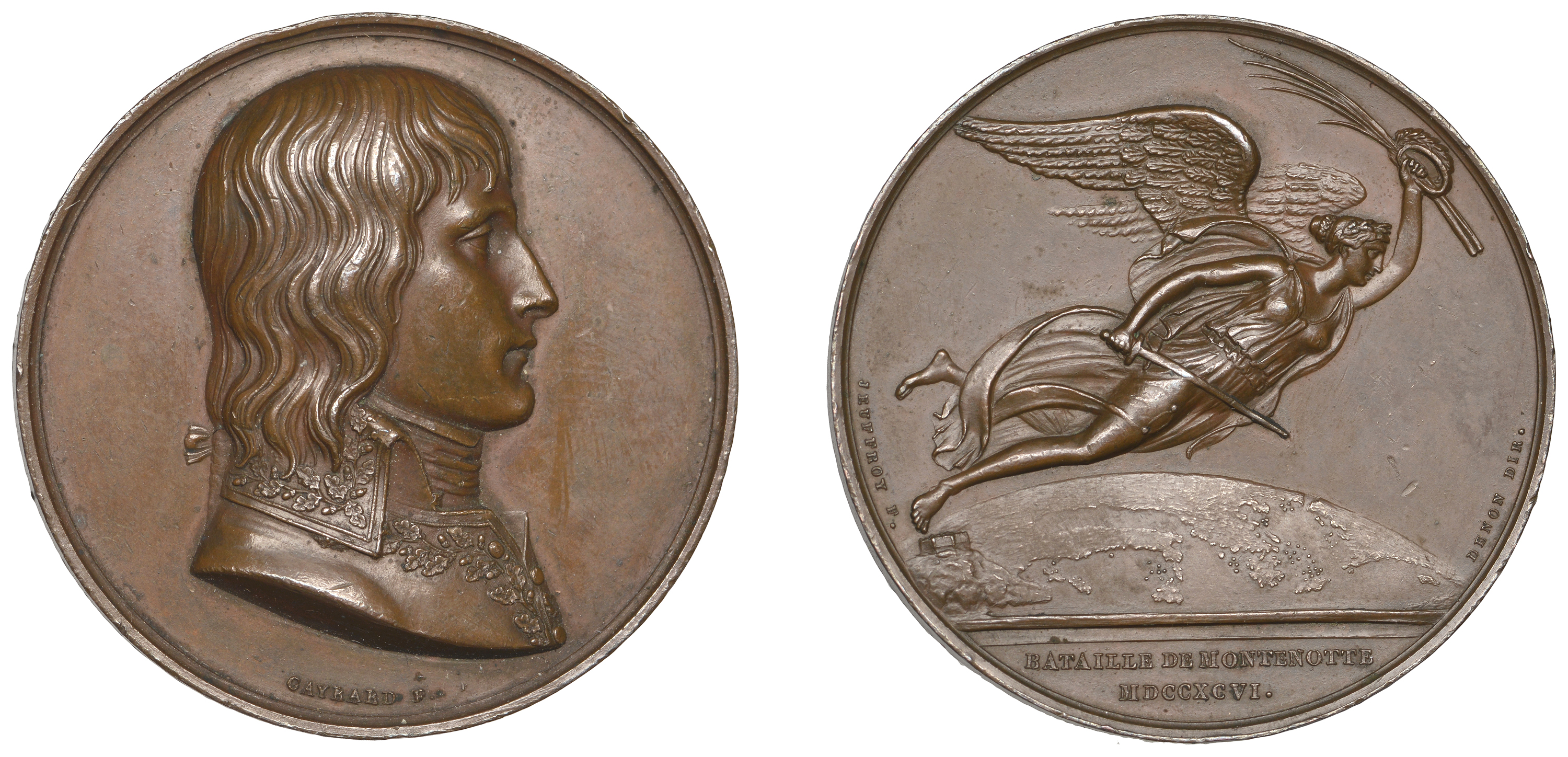 FRANCE, Battle of Montenotte, 1796, a copper medal by R. Gayrard and R. Jeuffroy, uniformed...