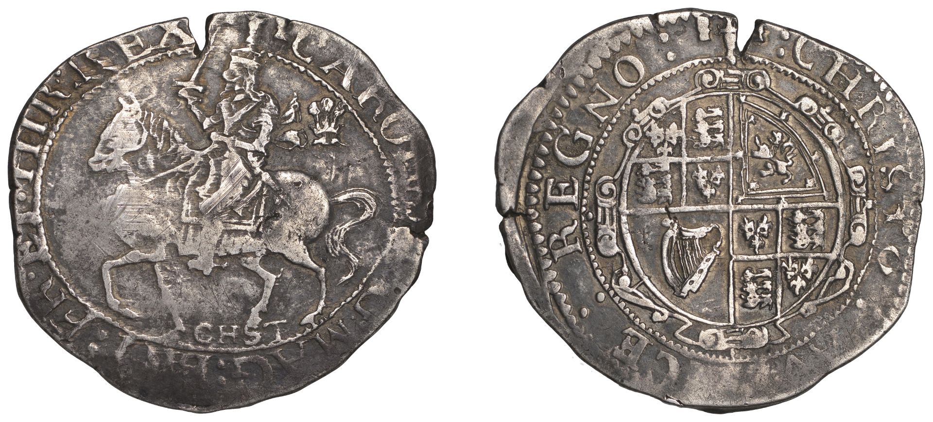 Charles I (1625-1649), Chester mint, Halfcrown, mm. three gerbs and sword, plume in right fi...