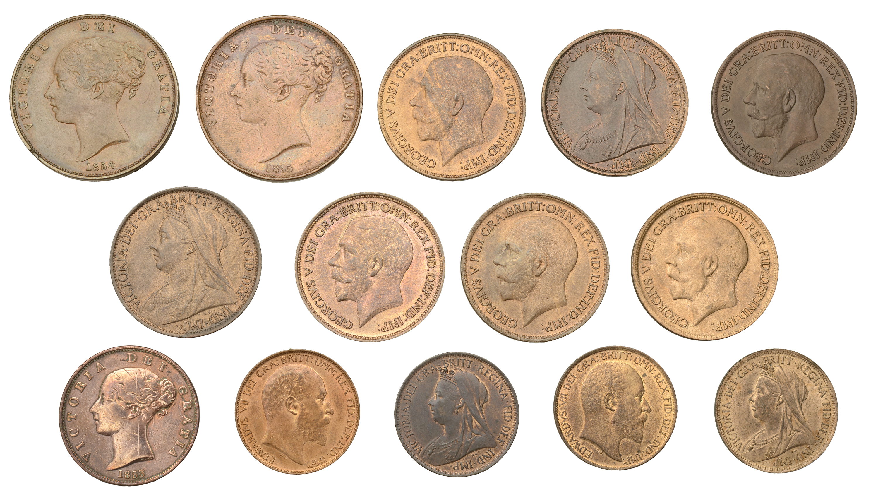 Victoria, Pennies (4), 1854, 1855, 1900, 1901 (S 3948, 3961); Halfpennies (3), 1853, 1900, 1...