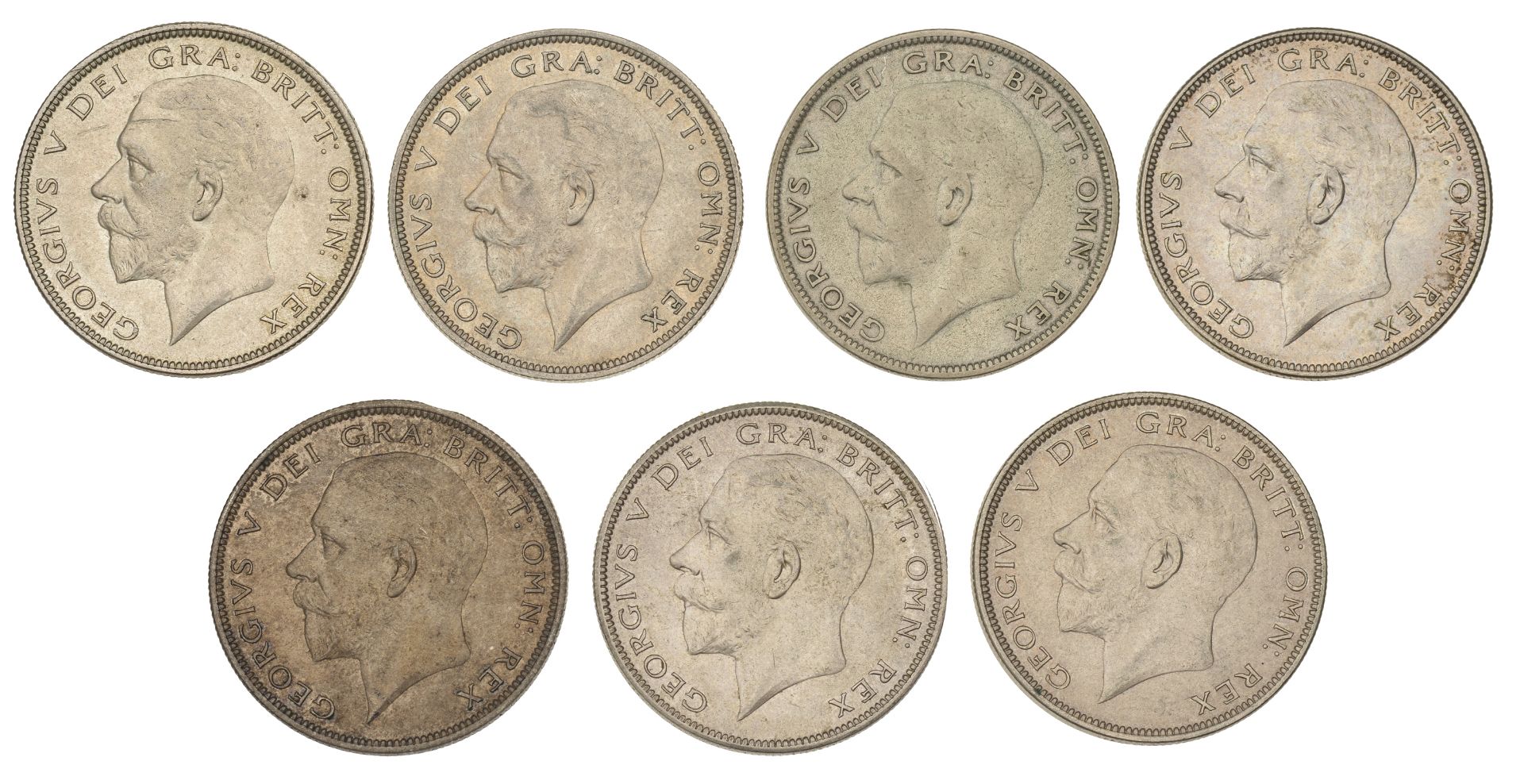 George V, Halfcrowns (7), 1929-34, 1936 (S 4037) [7]. 1930 fine, others good very fine or be...