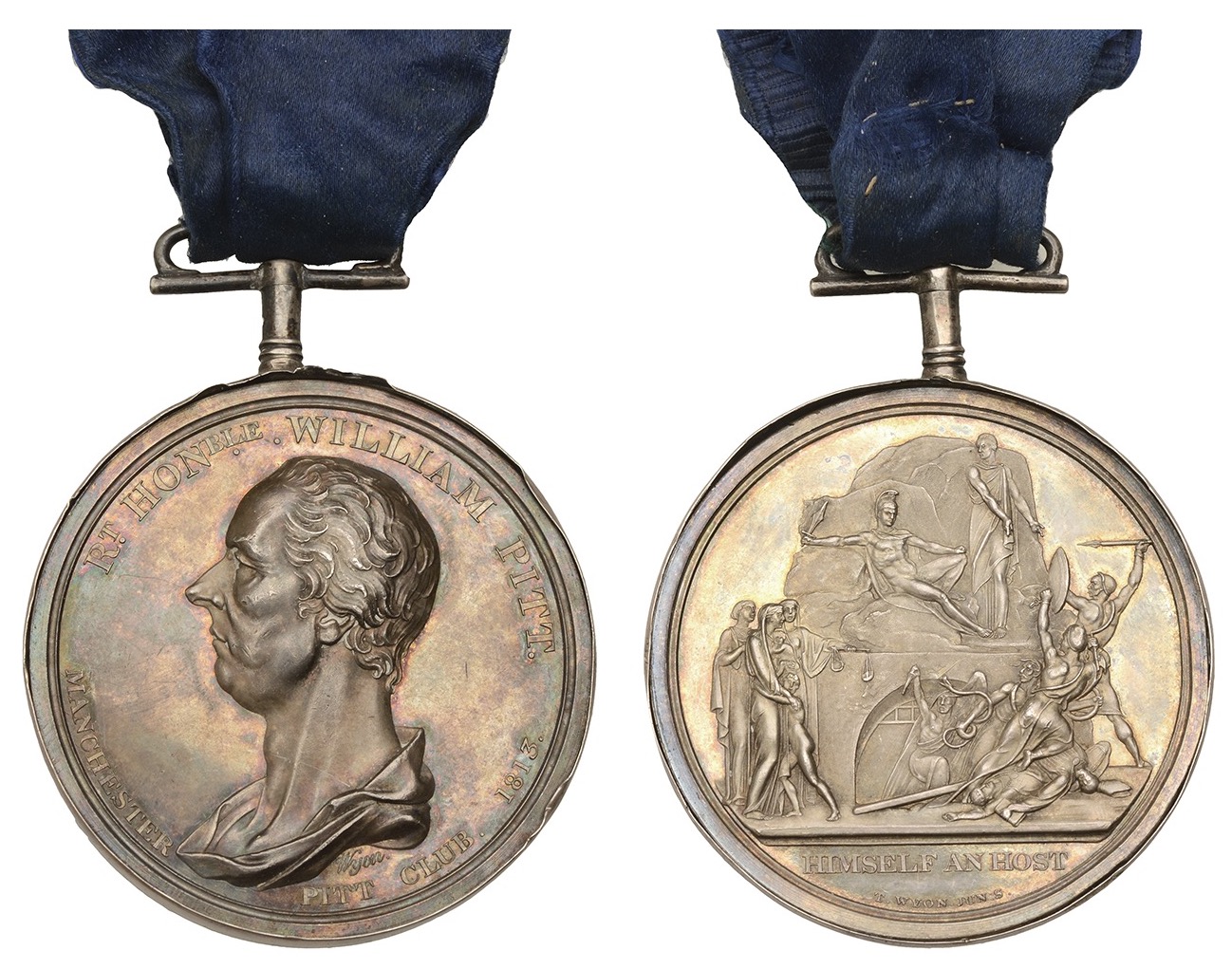 Manchester Pitt Club, 1813, a silver medal by T. Wyon Jr, bust left, rev. allegory of Pitt r...