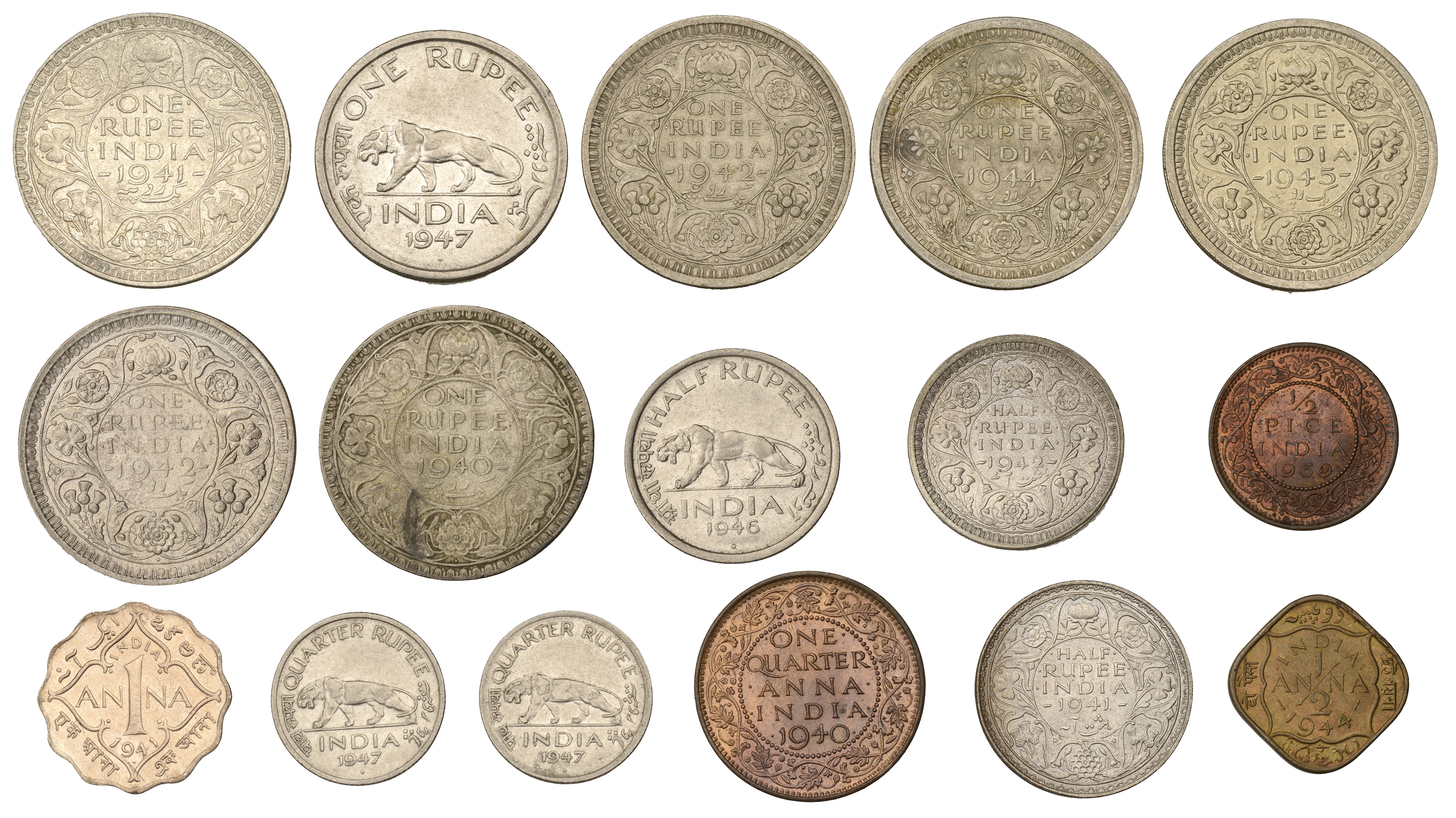 India, George VI, Rupees (7), 1940, 1941, 1942 (2), 1944, 1945, 1947; Half-Rupees (3), 1941,... - Image 2 of 2