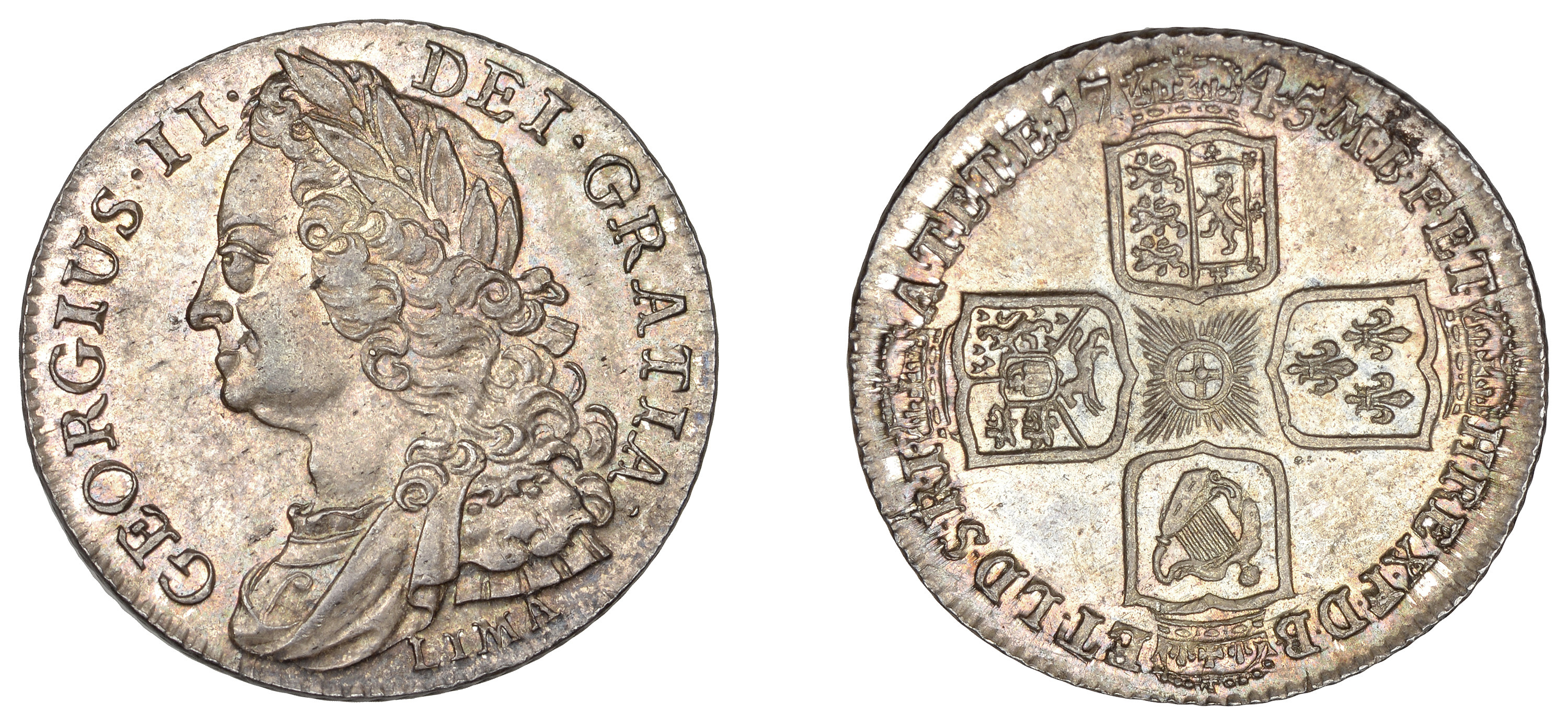 George II (1727-1760), Shilling, 1745 lima (ESC 1724; S 3703). Good extremely fine, attracti...