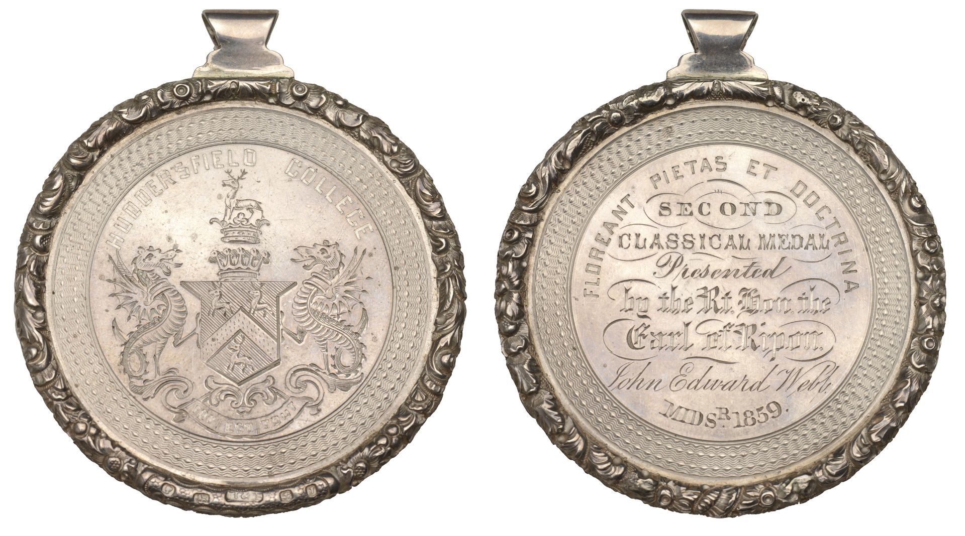 Huddersfield College, a silver award medal, engraved arms with supporters, rev. named (Secon...