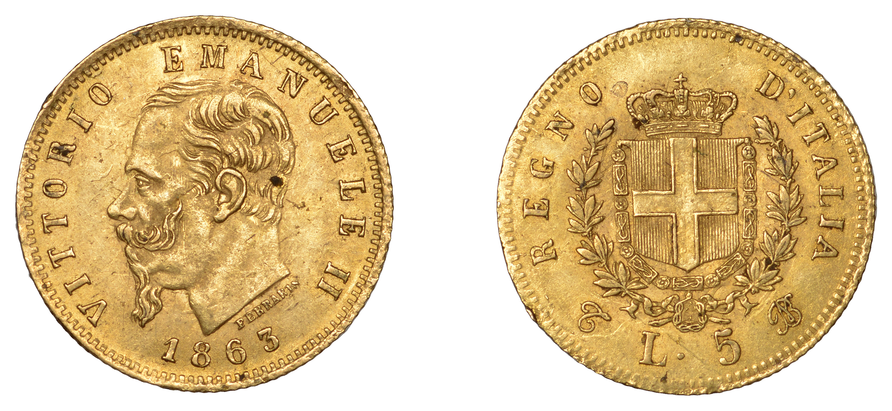 Italy, Victor Emanuel II, gold 5 Lire, 1863, Turin (MIR 1080a; F 16). Faint scratches on rev...