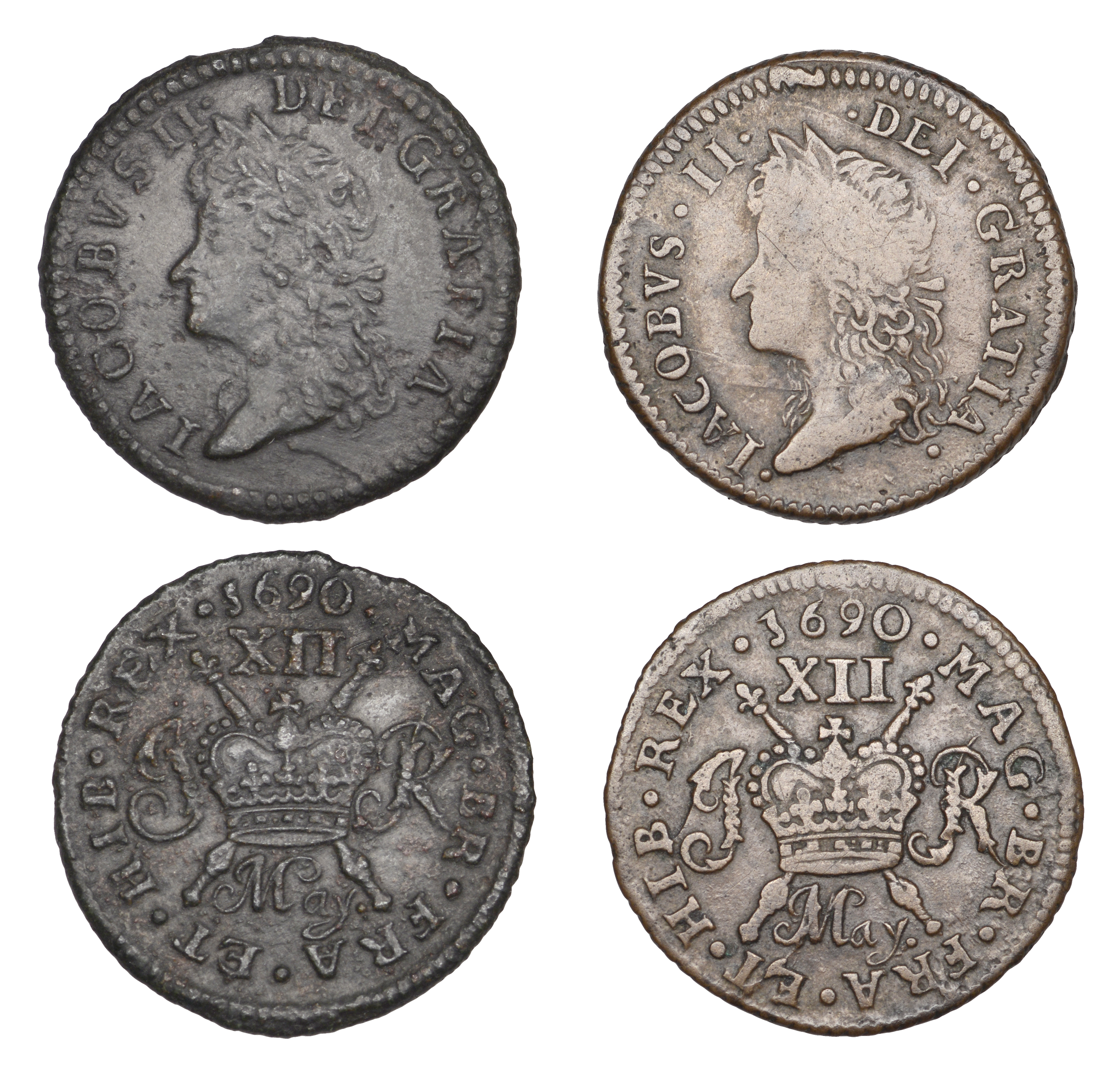 James II (1685-1691), Gunmoney coinage, Shillings (2), both 1690 May, Dublin, extra stops on...