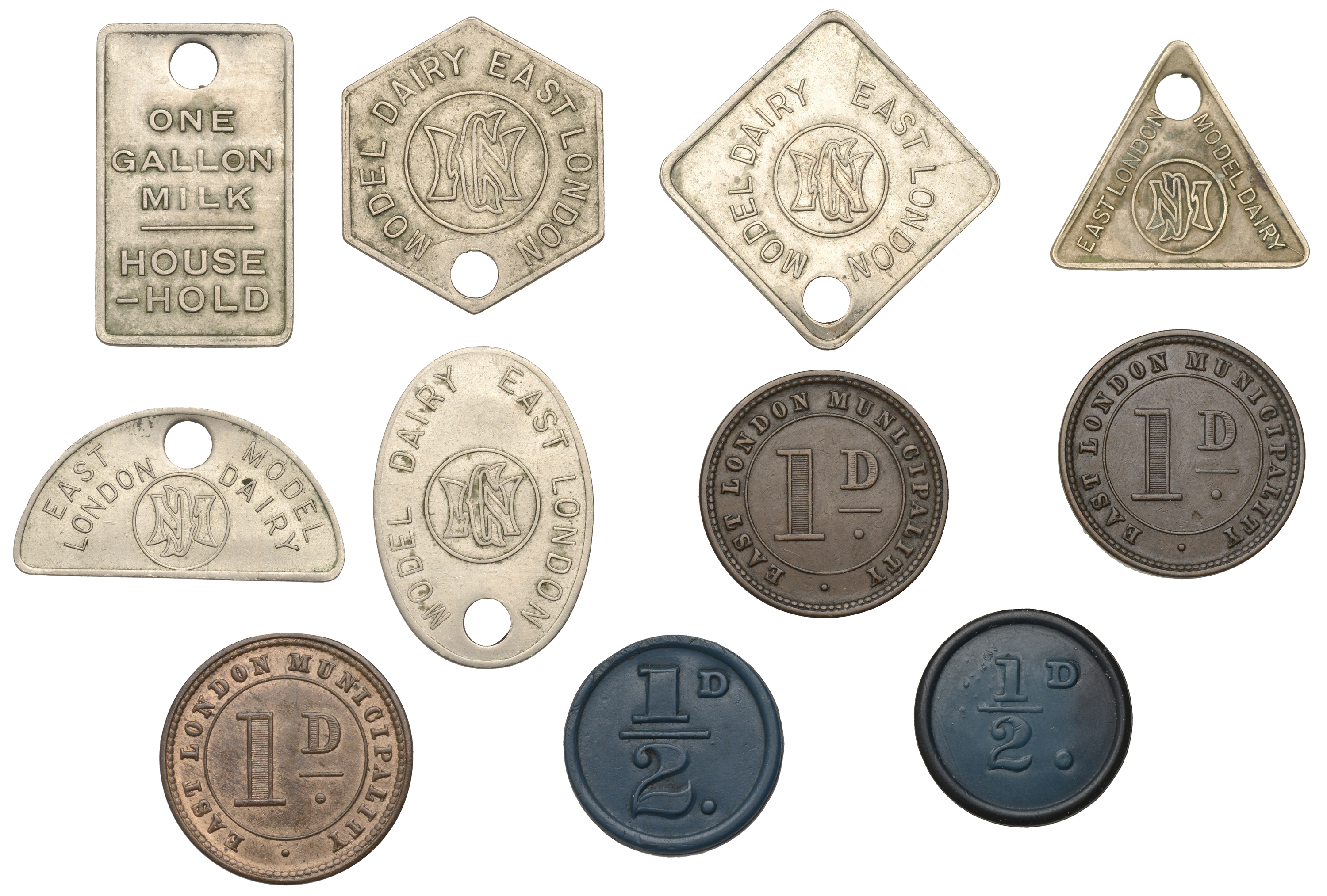 South Africa, CAPE PROVINCE, East London, Model Dairy, copper-nickel Gallon (4) and Pint (2)...